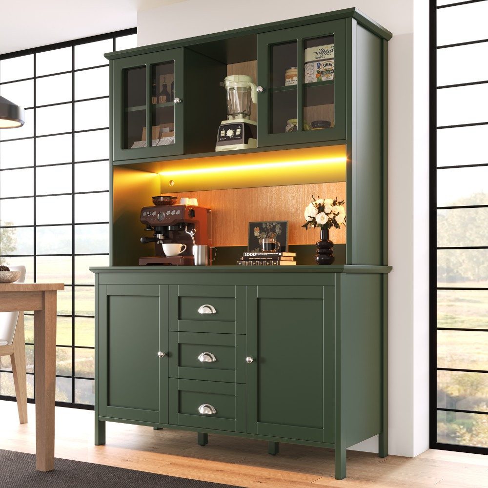 TavilaEcon Küchenbuffet Küchenschränke mit Glastüren und LED-Beleuchtung (1-St) 120 x 40 x 179 cm, grün