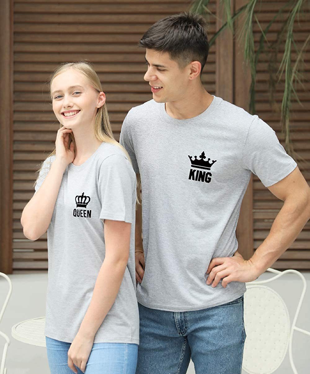 Grau T-Shirt mit Shop Rückenprint T-Shirt QUEEN modischem / King Couples Brust- und Queen & Paar