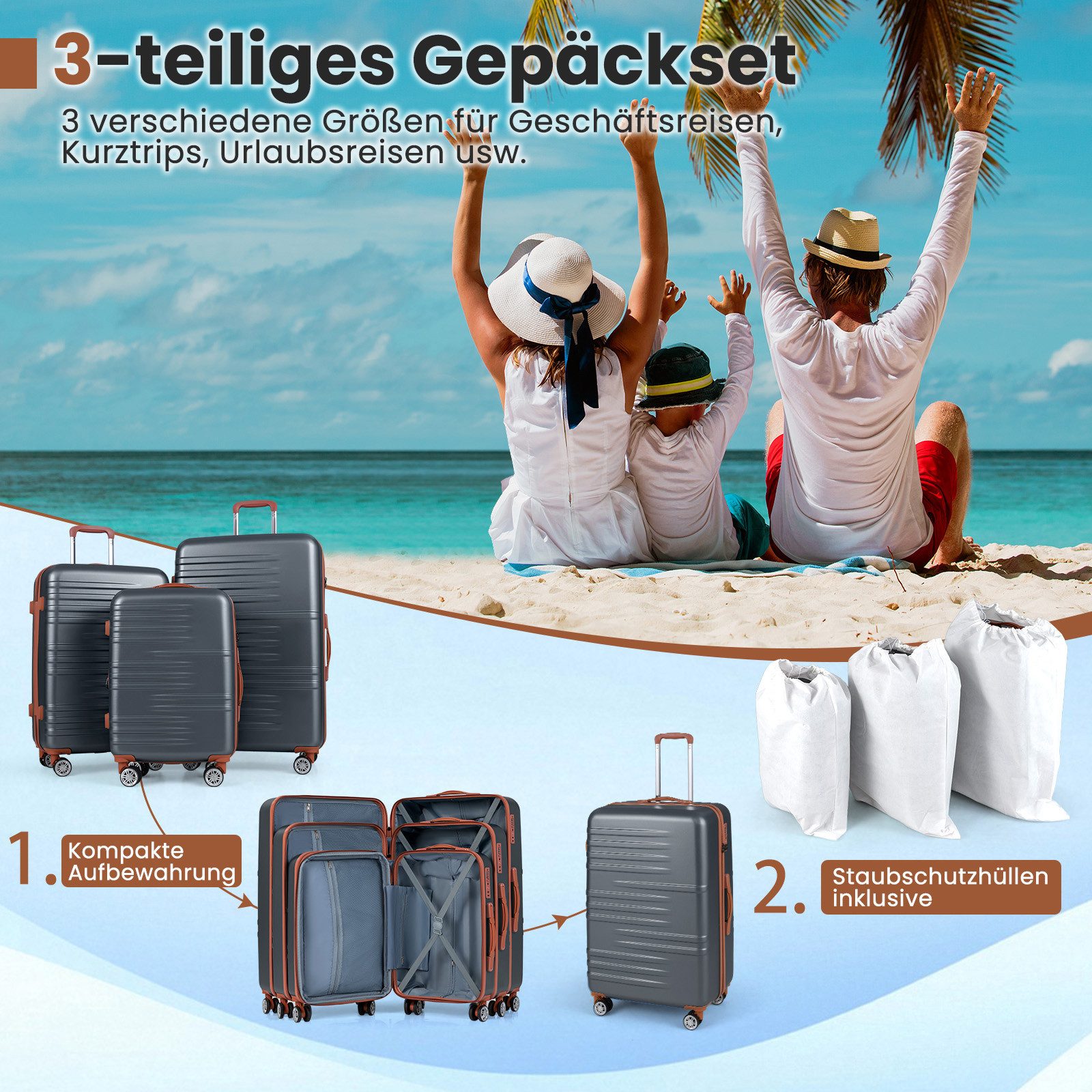 COSTWAY Hartschalen-Trolley, 4 Rollen, 3-teiliges Kofferset mit TSA-Schloss