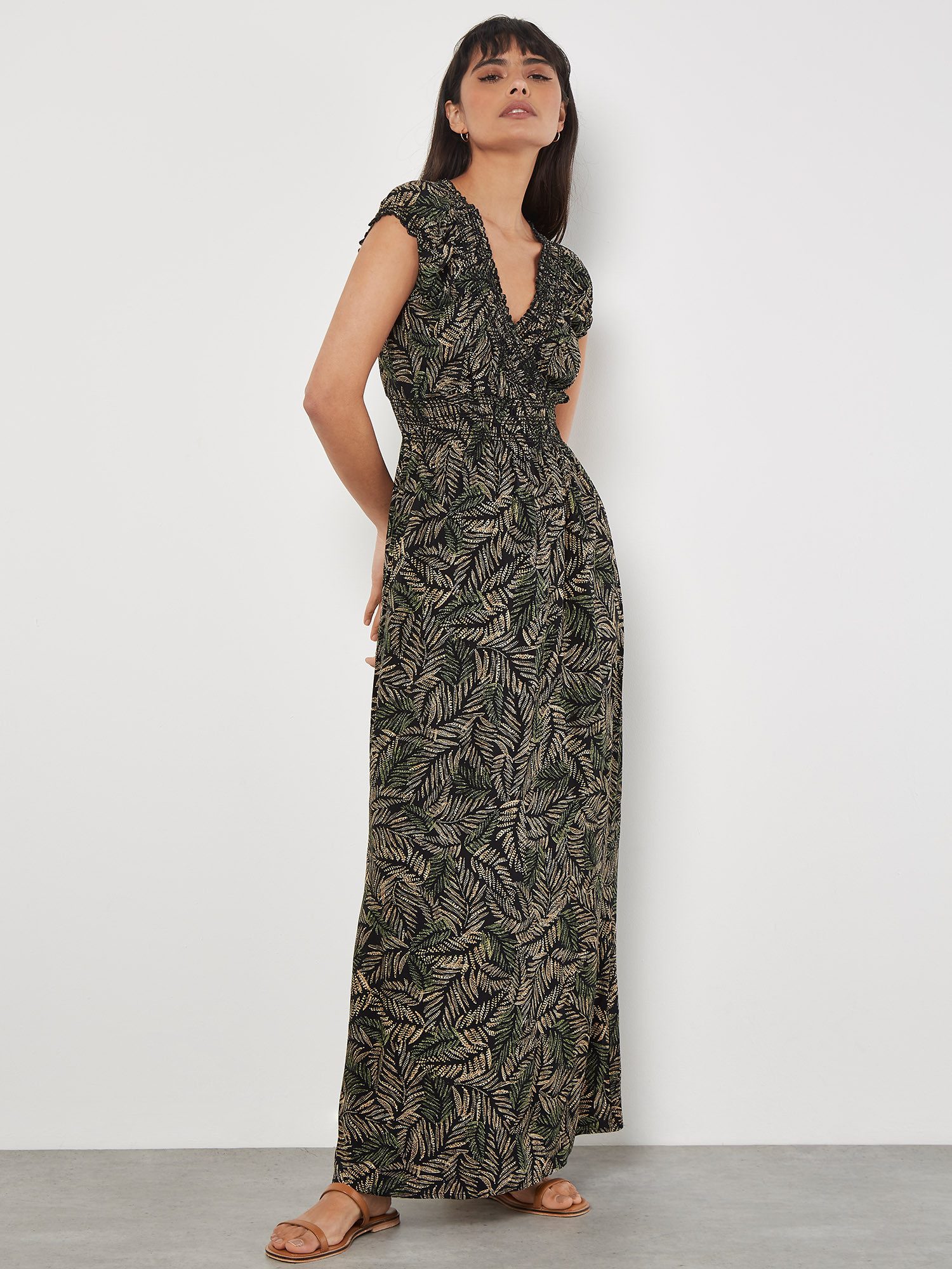 Apricot Maxikleid Sommerkleid mit Smockdetails und Batik-Blätter Druck günstig online kaufen