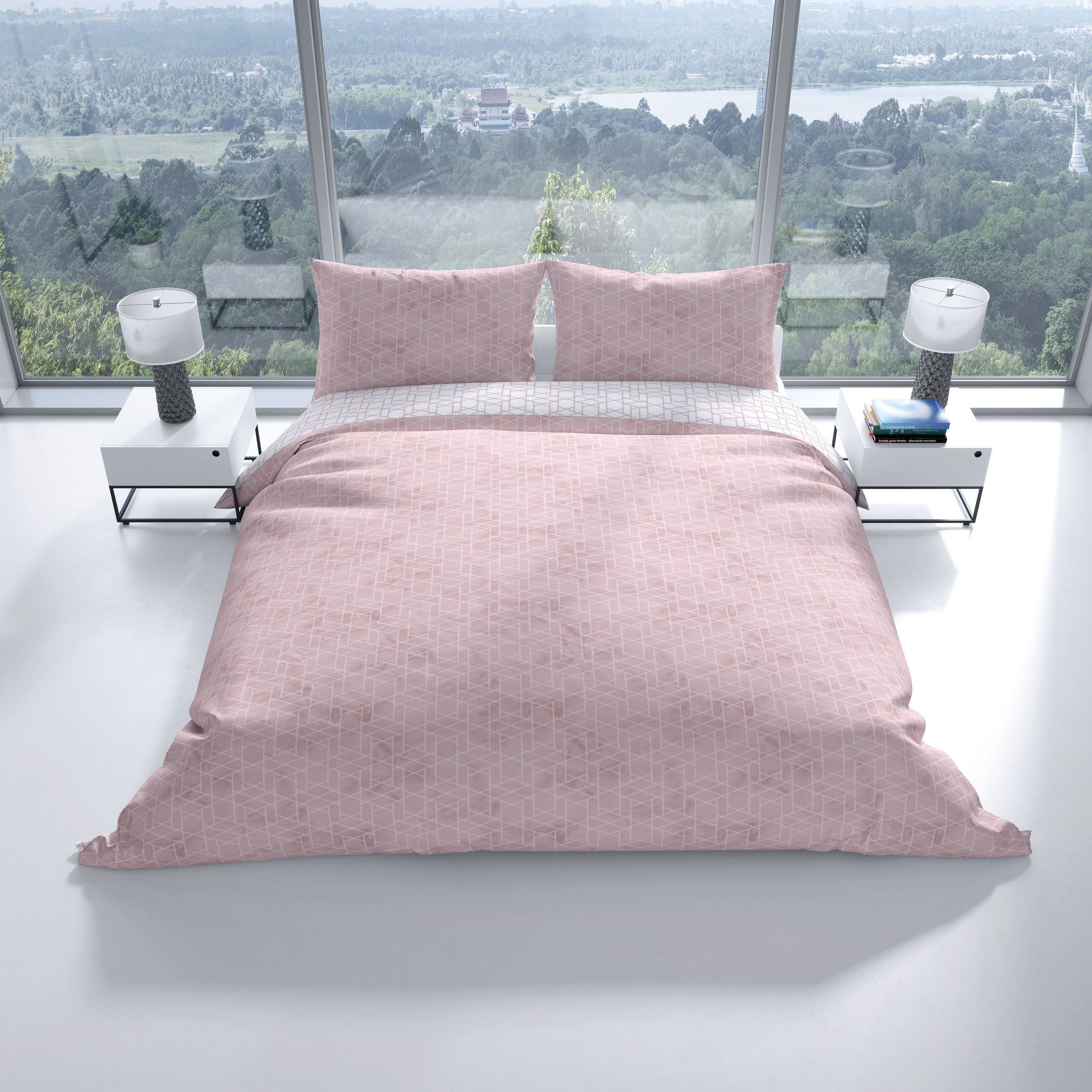 Leonado Vicenti Bettwäsche Baumwolle fein gewebt, Renforcé, 3 teilig, modernes Rauten Design in Rosa Weiß – Bild 5 von 5