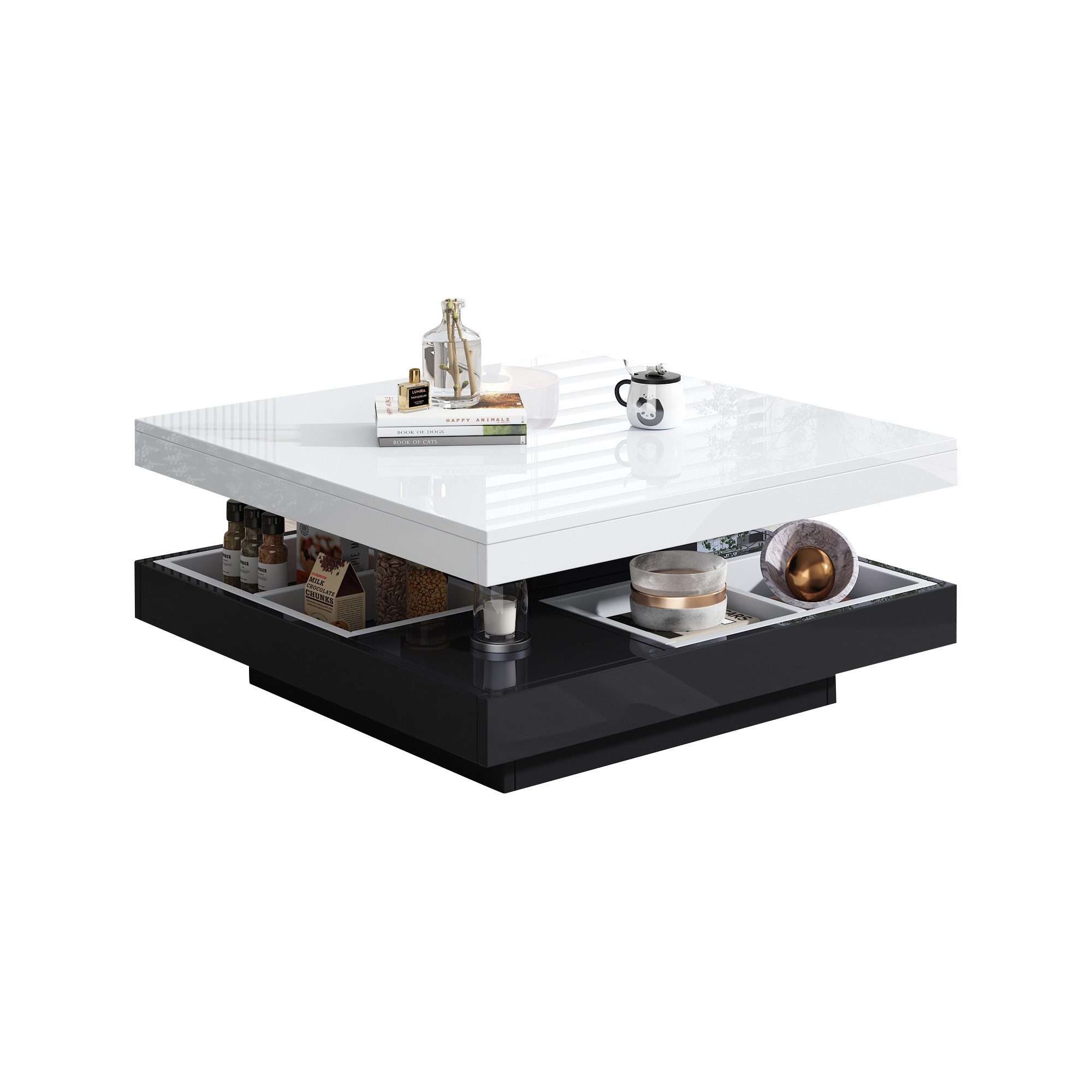 HAUSS SPOLE Couchtisch 360° drehbar, 2-stöckige drehbare Tischplatte mit Ablagefach, Schwarz (Satztisch, Wohnzimmertisch Beistelltisch, 1-St., 4 Ablagefach), Doppelcouchtisch mit Hochglanzplatte Tischplatte 360° drehbar