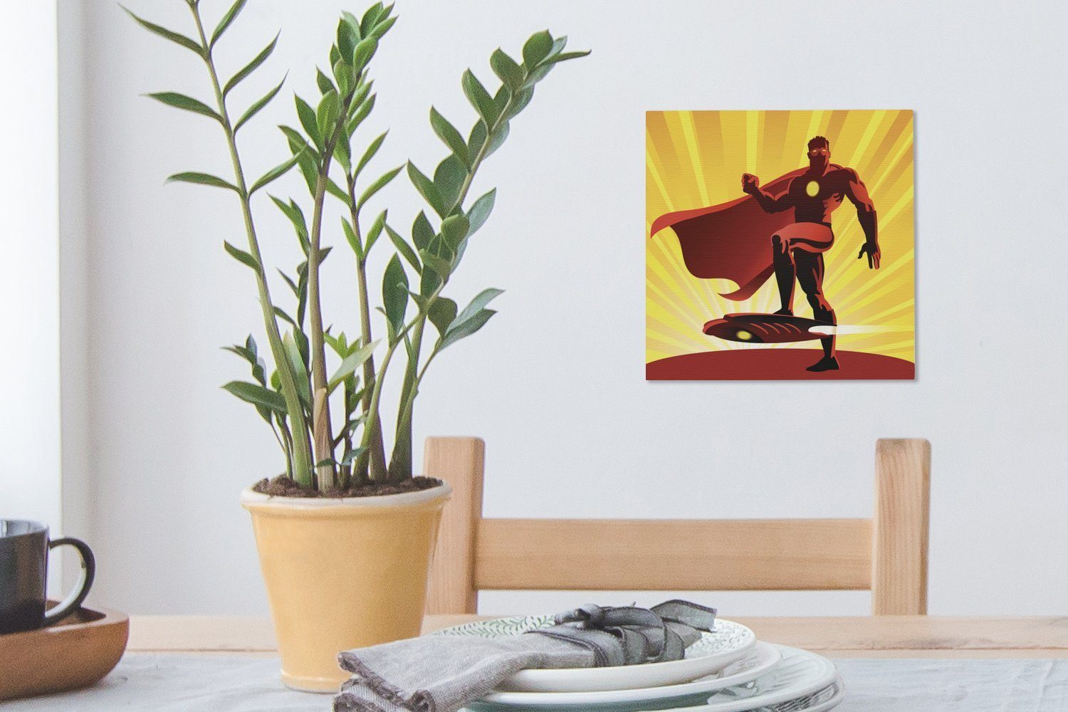 OneMillionCanvasses® Leinwandbild Eine roten - Wohnzimmer - St), Superhelden Leinwand Junge Illustration mit -, Augen Bilder Jungen für (1 eines Schlafzimmer