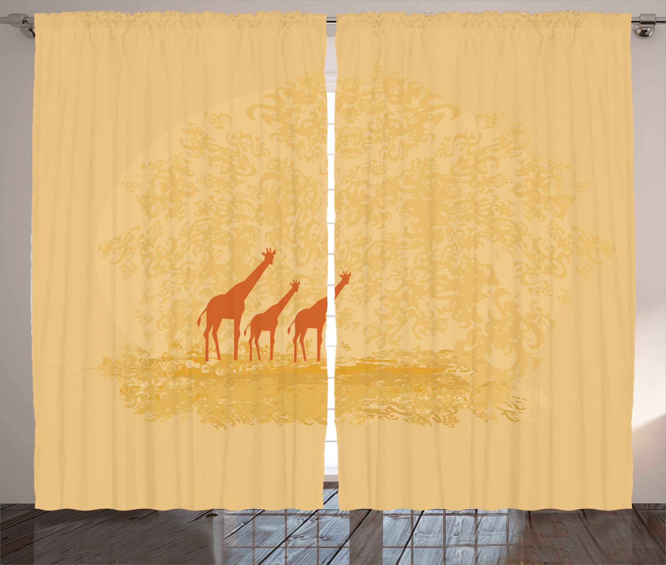 Gardine Schlafzimmer Kräuselband Vorhang mit Schlaufen und Haken, Abakuhaus, Retro Retro Safari Giraffen | Fertiggardinen