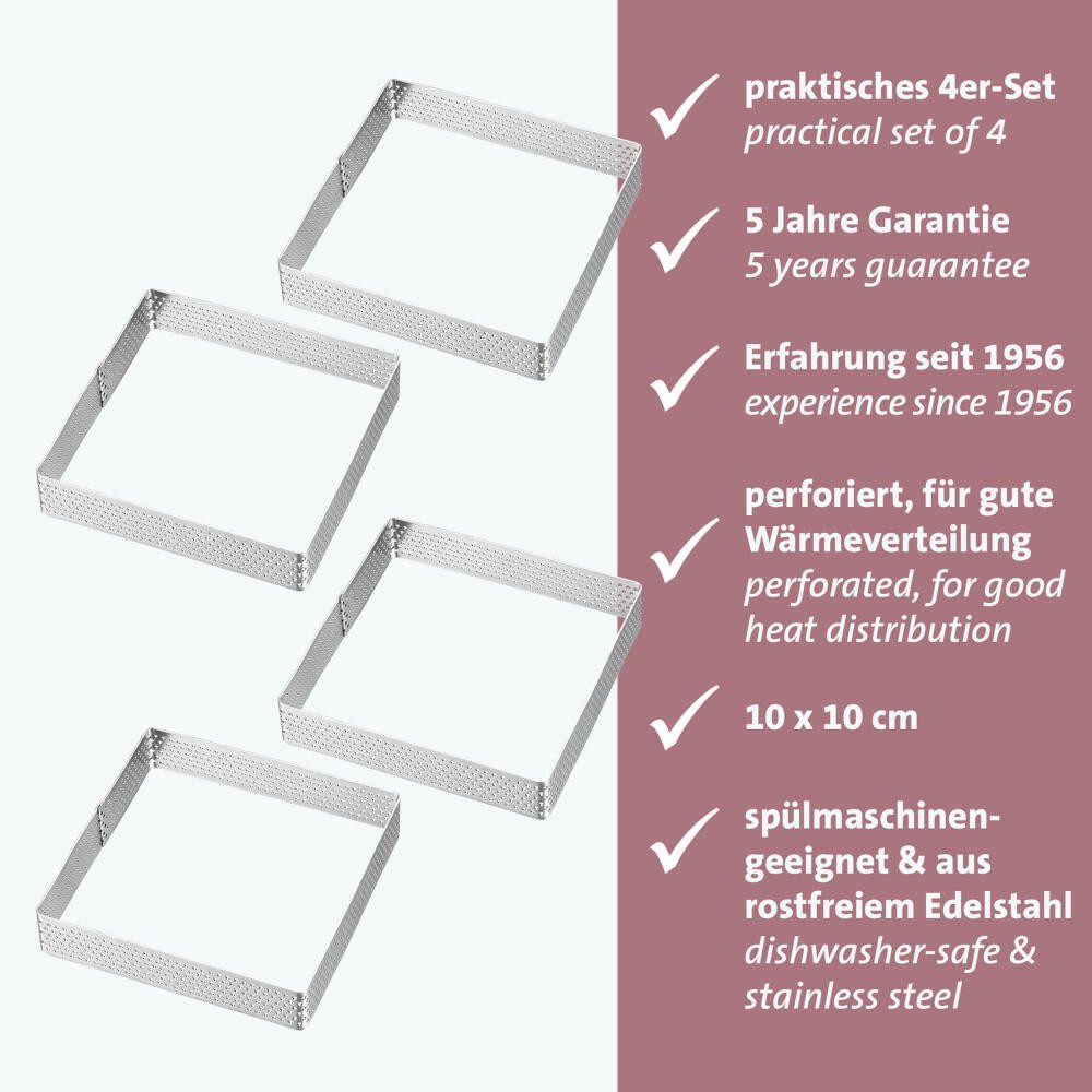 WESTMARK Tarteform Tartelette-Rahmen 4 Stk. – Perfekte Tarte- und Quicheformen, Silber, gleichmäßige Wärmeverteilung, rostfreier Edelstahl, ofenfest