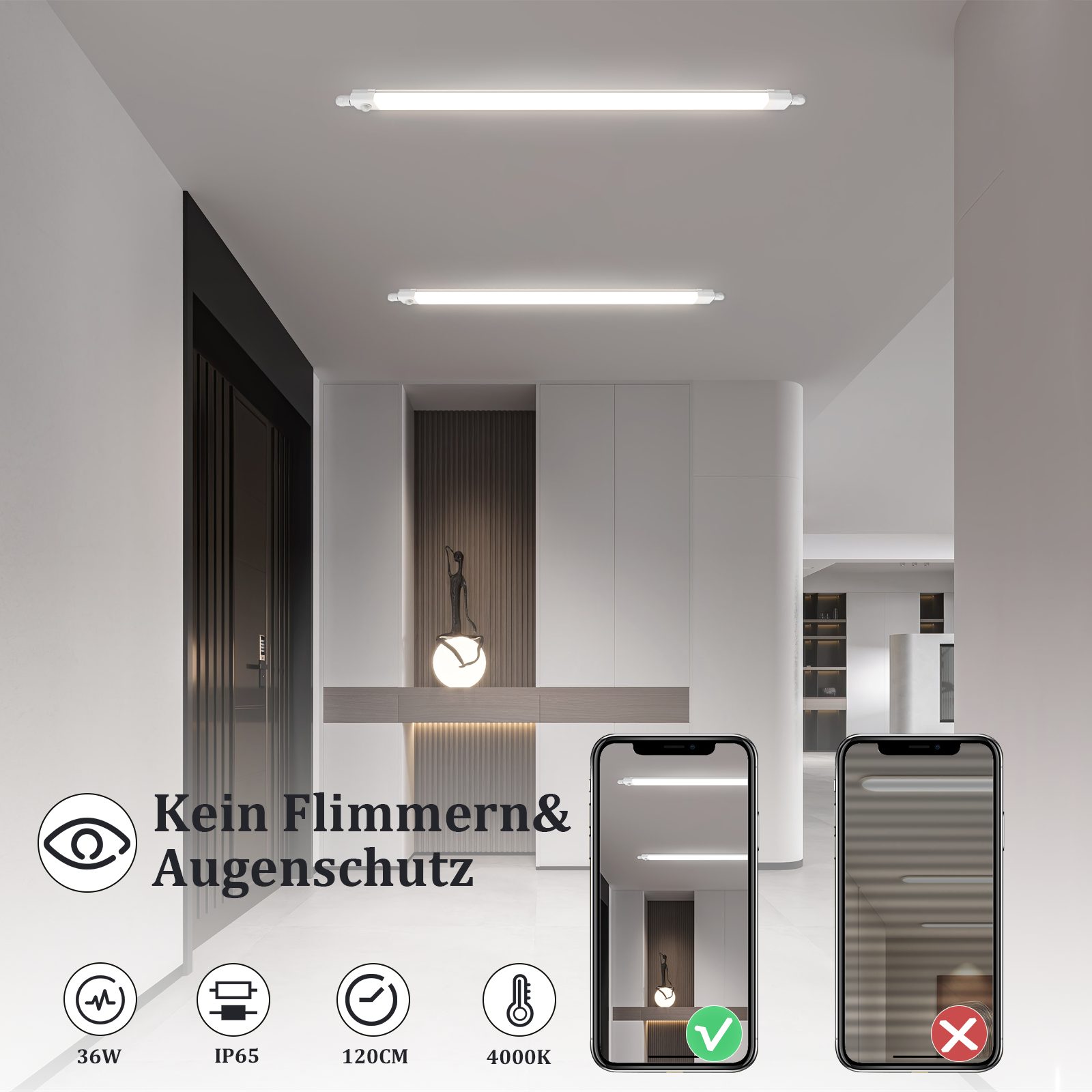 integriert, Deckenlampe LED LED Nettlife Deckenleuchte 120CM Neutralweiß fest Bewegungsmelder LED mit 36W IP65 4000K, Deckenleuchte ‎Weiß,