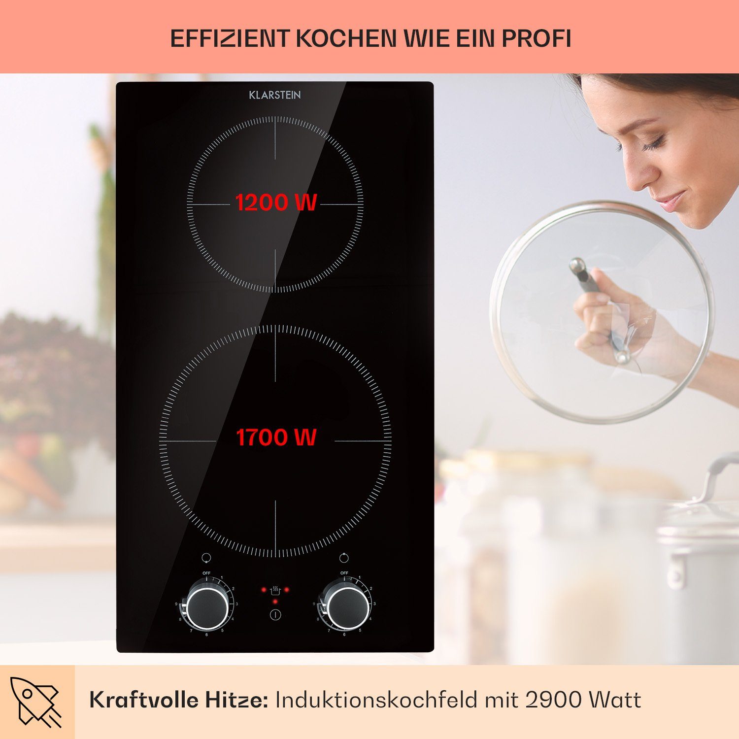 Klarstein Induktions-Kochfeld Kochheld Doppel-Induktion 2900W 2 Zonen 9 Stufen Drehregler Glas 10034946, Einbau-Induktionsfeld Domino mit Glaskeramik Touch & Bo – Bild 4 von 5