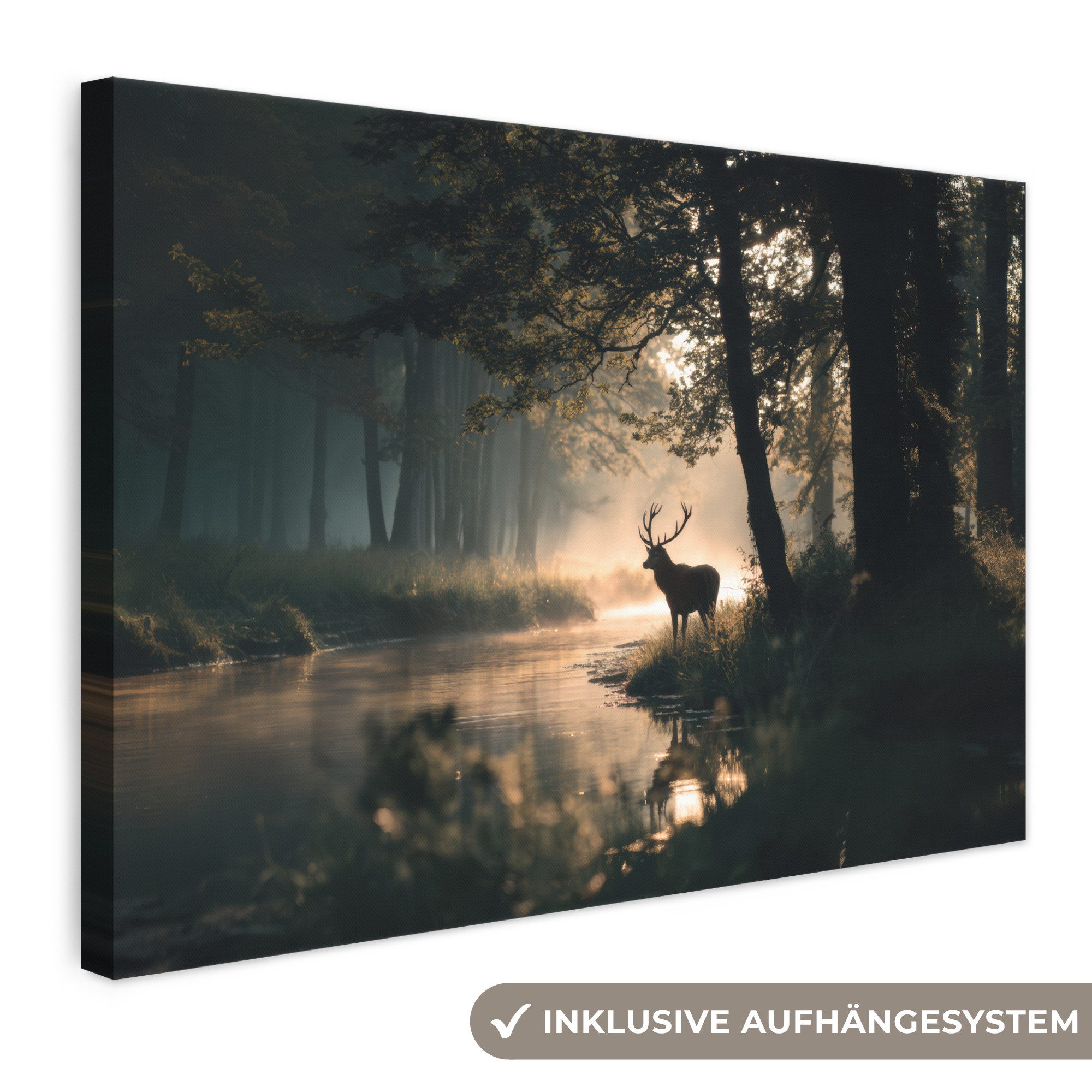 OneMillionCanvasses® Leinwandbild Hirsche - Waldbach - Mystisch, Fotodruck (1 St), Leinwand Bilder Klein, Wand Dekoration Aesthetic 30x20 cm
