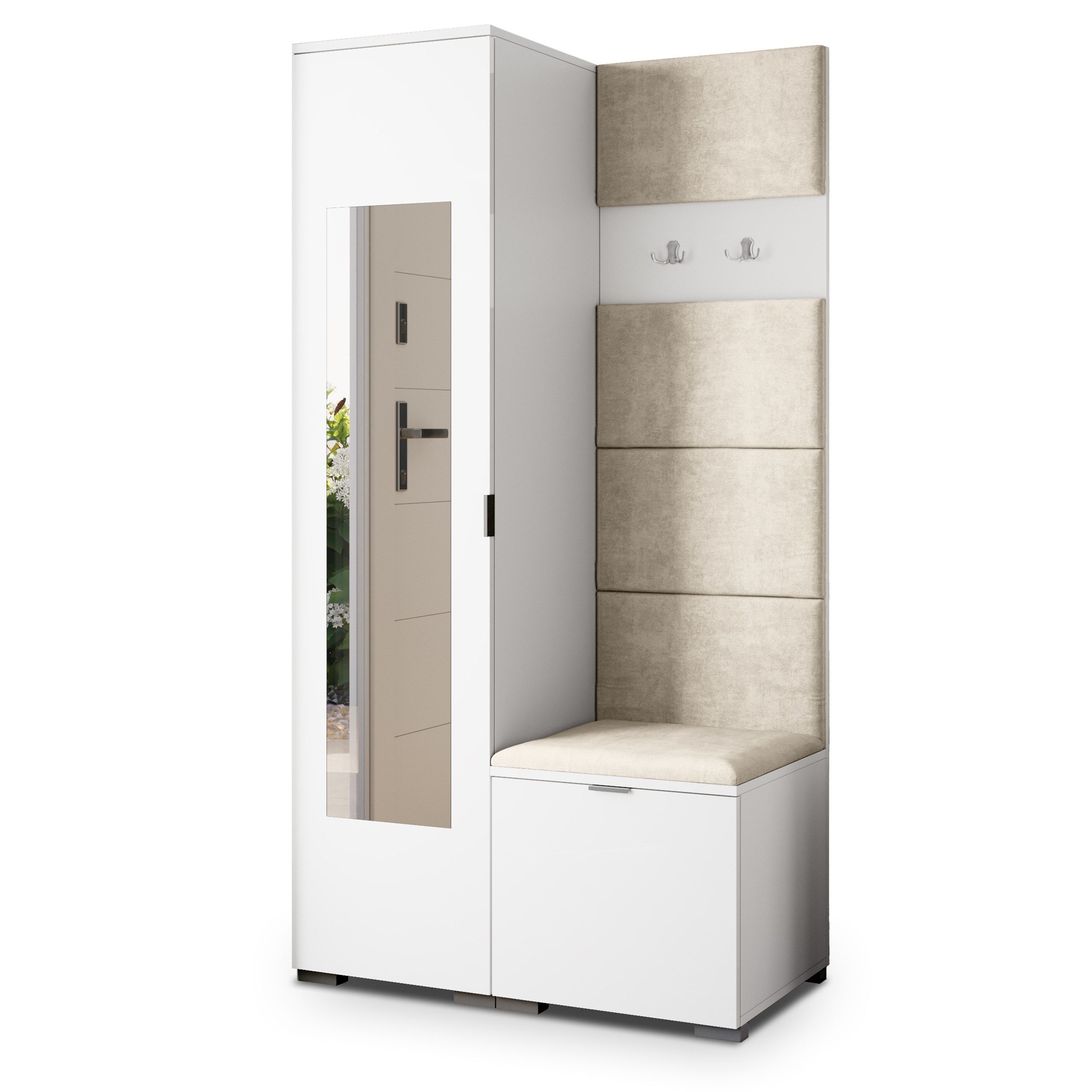 Masseno Garderobenschrank VIRA 95 x 181 cm Garderoben-Set mit Spiegel und 1 Türen Weiß
