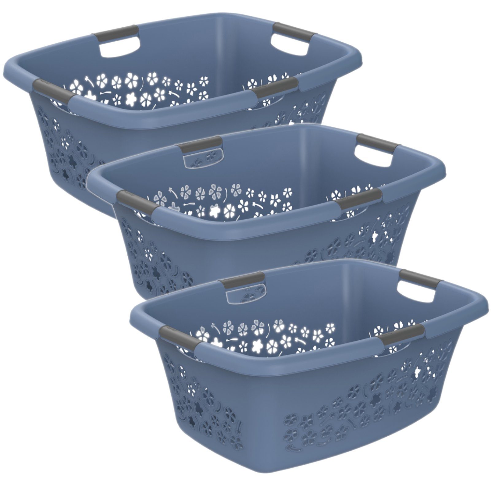 ROTHO Wäschekorb Flowers 3er-Set Wäschekorb 50l, Kunststoff (PP) BPA-frei (Wäschekorbset, 3er-Set), belastbare Tragegriffe Horizon blau