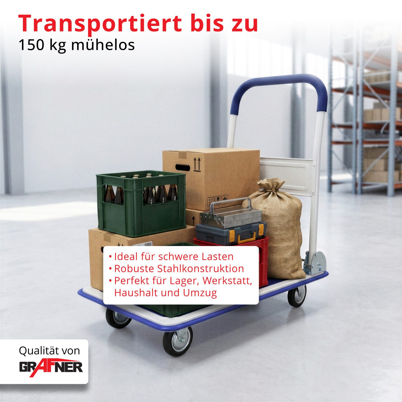 Grafner Transportkarren Grafner® Plattformwagen klappbar mit Softgrip-Griff Tragkraft 150kg Tr, klappbarer Handgriff, je 2 Block- und Drehrollen