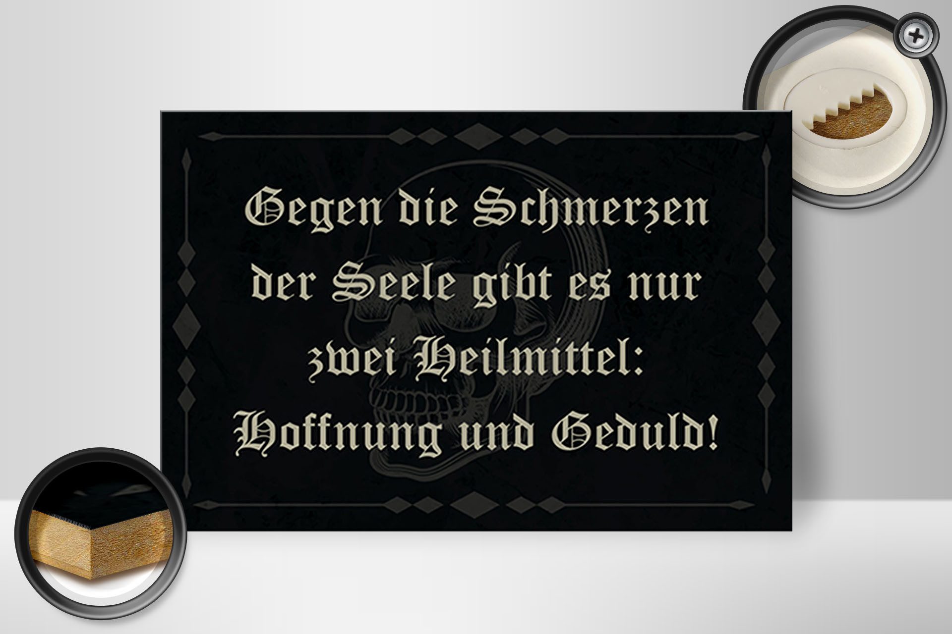 Femer GmbH Holzbild Spruch 30x20cm Schmerzen Seele zwei Heilmittel, Sprüche Zitate Lustiges (1 St), Glatte Holzfaserplatte (MDF), vorn beschichtet