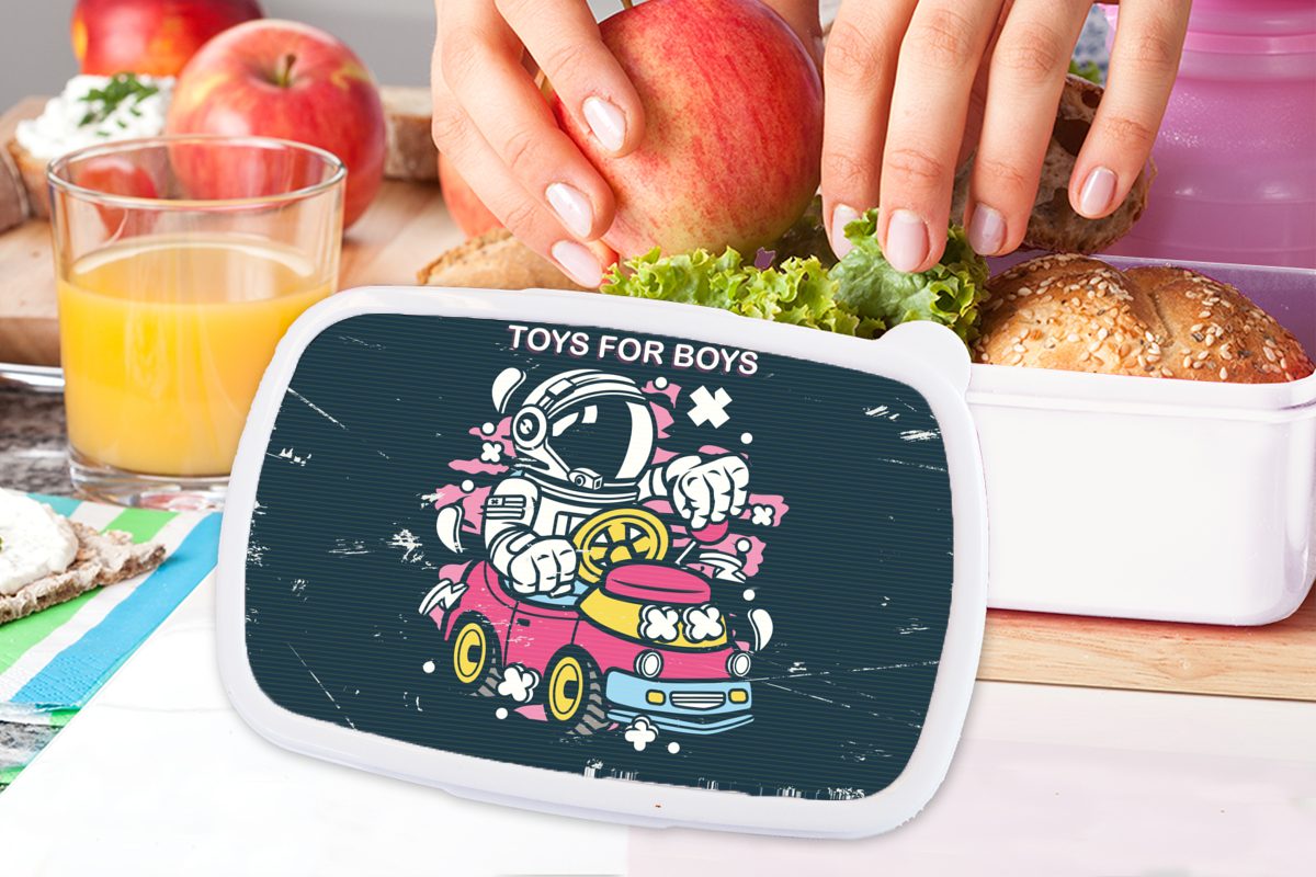 Brotbox Erwachsene, Mädchen MuchoWow (2-tlg), Kunststoff, Lunchbox für Astronaut - Brotdose, und Jungs Kinder weiß für - Auto, Jahrgang und
