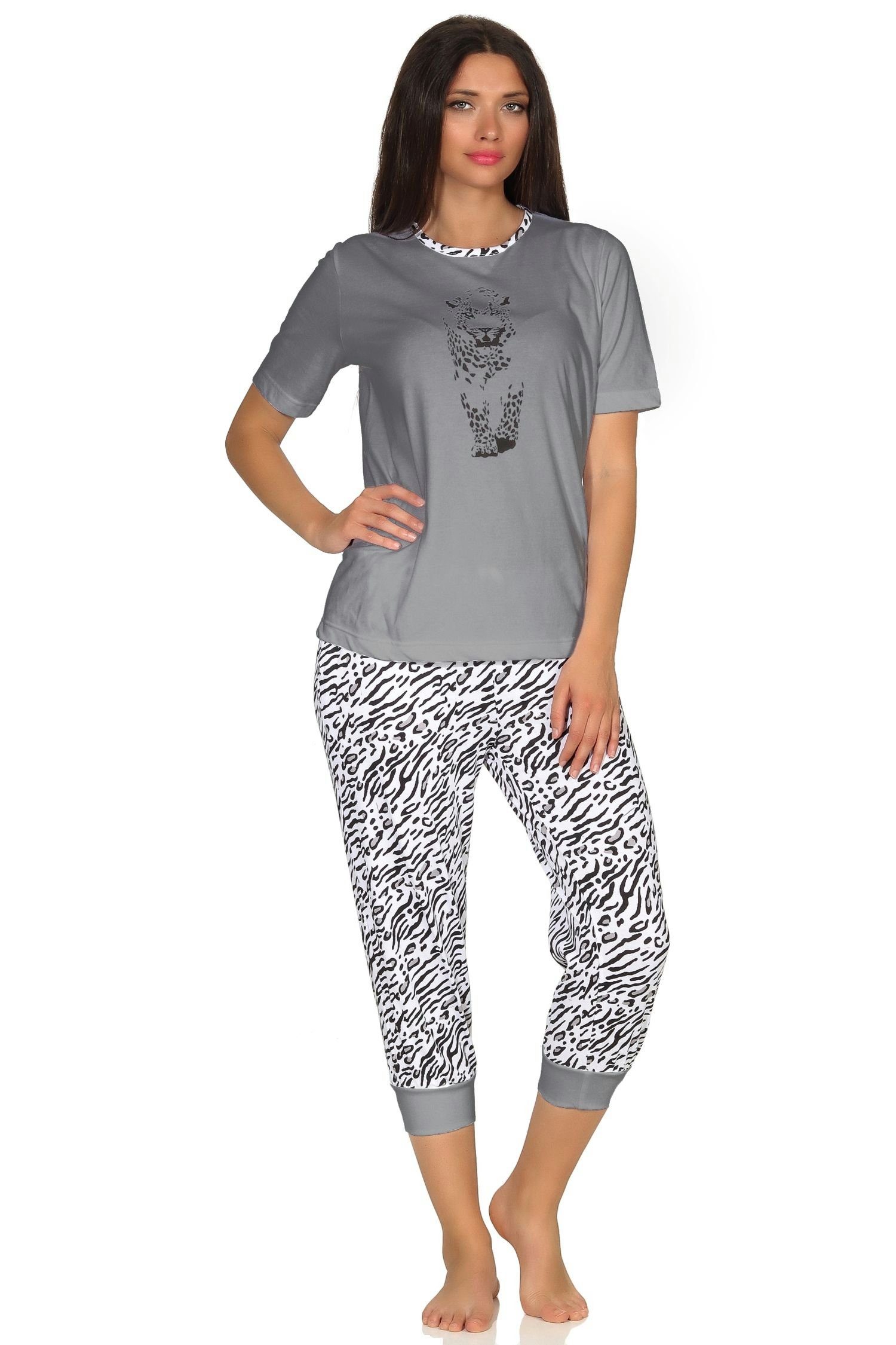 grau Bündchen, mit Capri Schlafanzug, Normann Pyjama Pyjama Caprihose kurzarm Tigermotiv