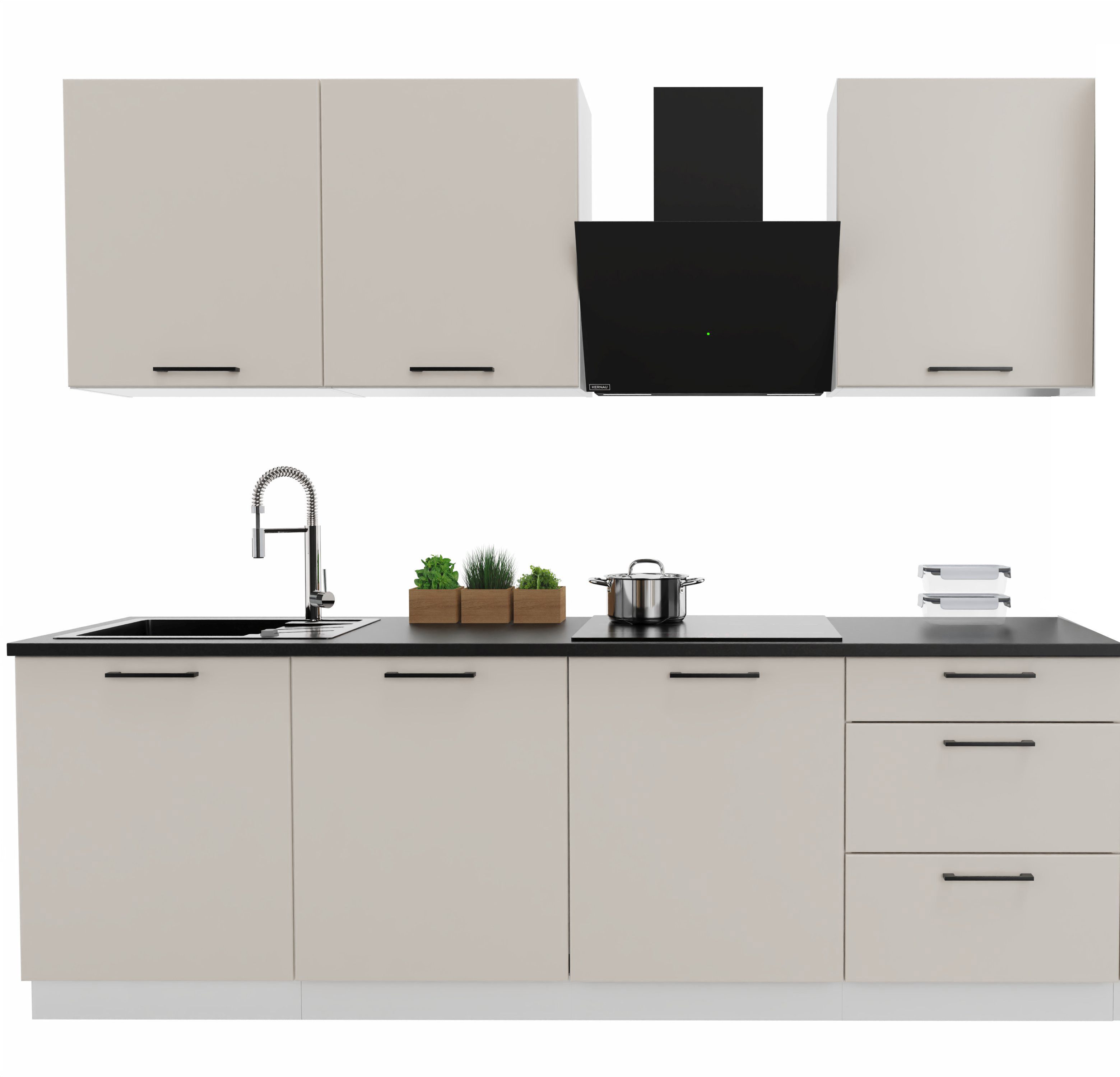 Möbel für Dich Кухниzeile Moderne Einbauküche Denis 240 cm 7-teilig, mit Fronten in Hochglanzweiß oder Mattbeige