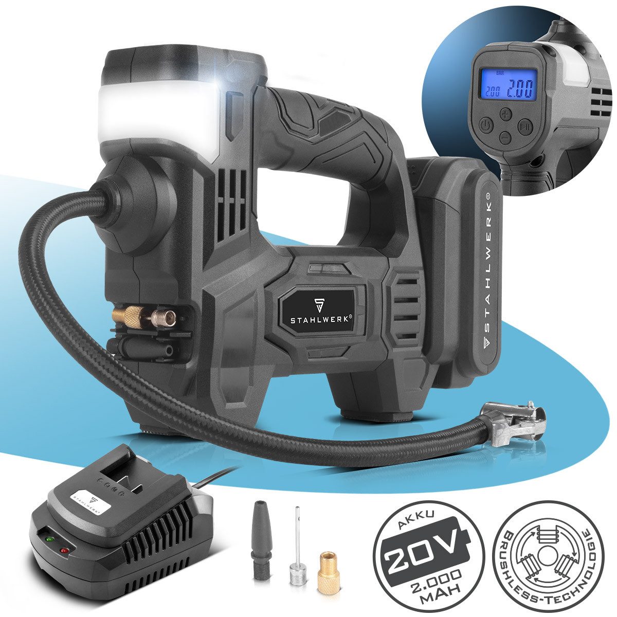 STAHLWERK Kompressor Akku Druckluftkompressor 72 Watt Leistung und 2 Ah Akku, Set, 1-tlg., Set