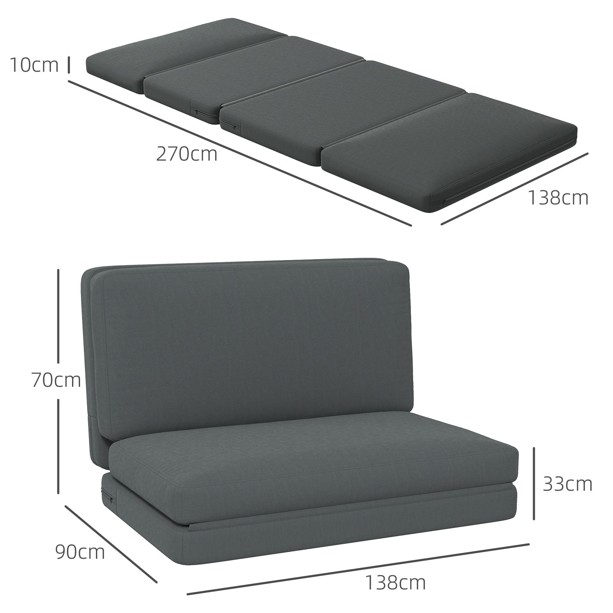 HOMCOM Sitzkissen Schlafsessel klappbar Schlafsofa mit Bettfunktion, für Schlafzimmer, Wohnzimmer, Dunkelgrau