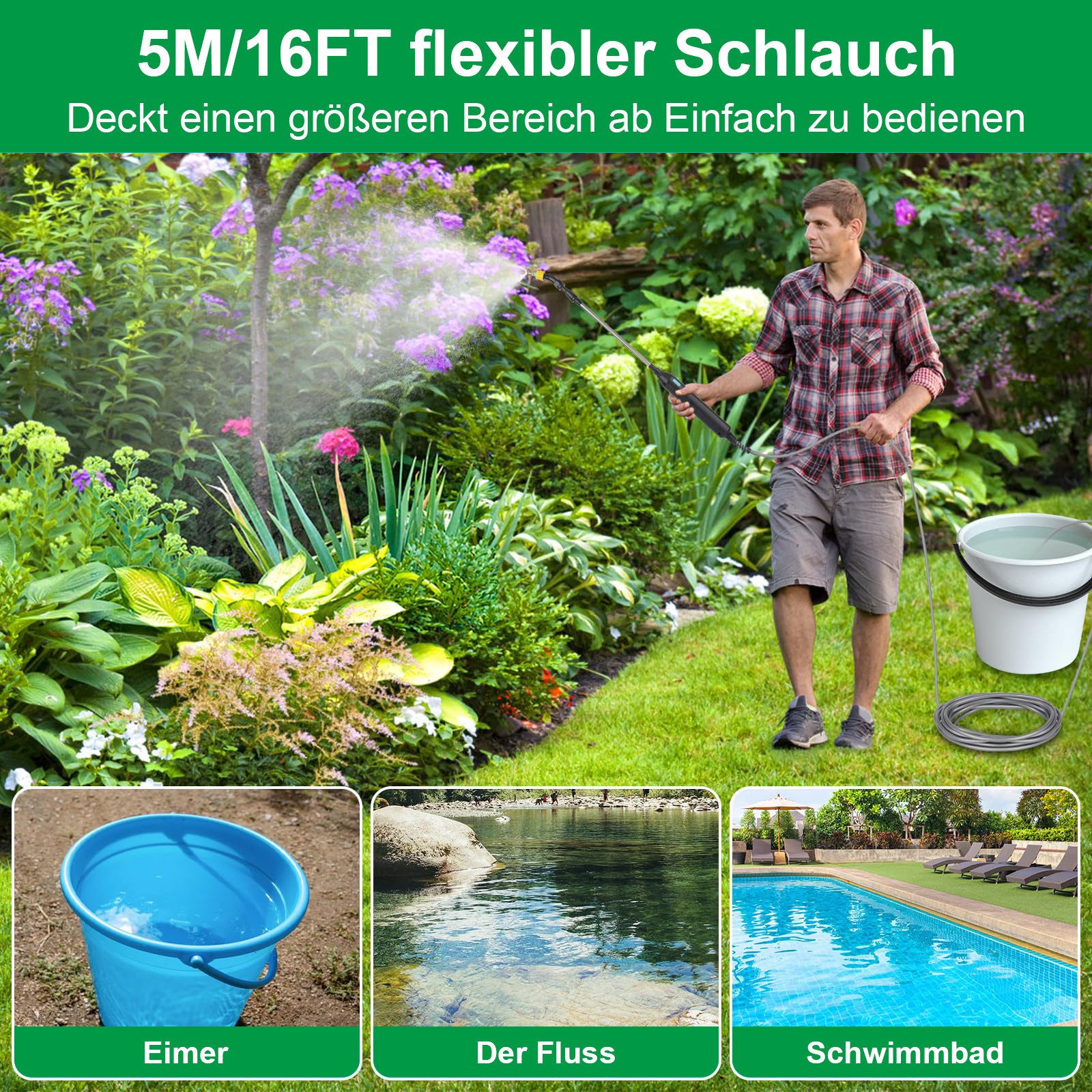 MUPOO Akku-Drucksprühgerät Kabelloser Drucksprüher Elektrischer Pflanzensprüher, 5m Schlauch, 3 Verstellbare Düsen, Tragbarer Drucksprüher für Garten, Hof & Rasen