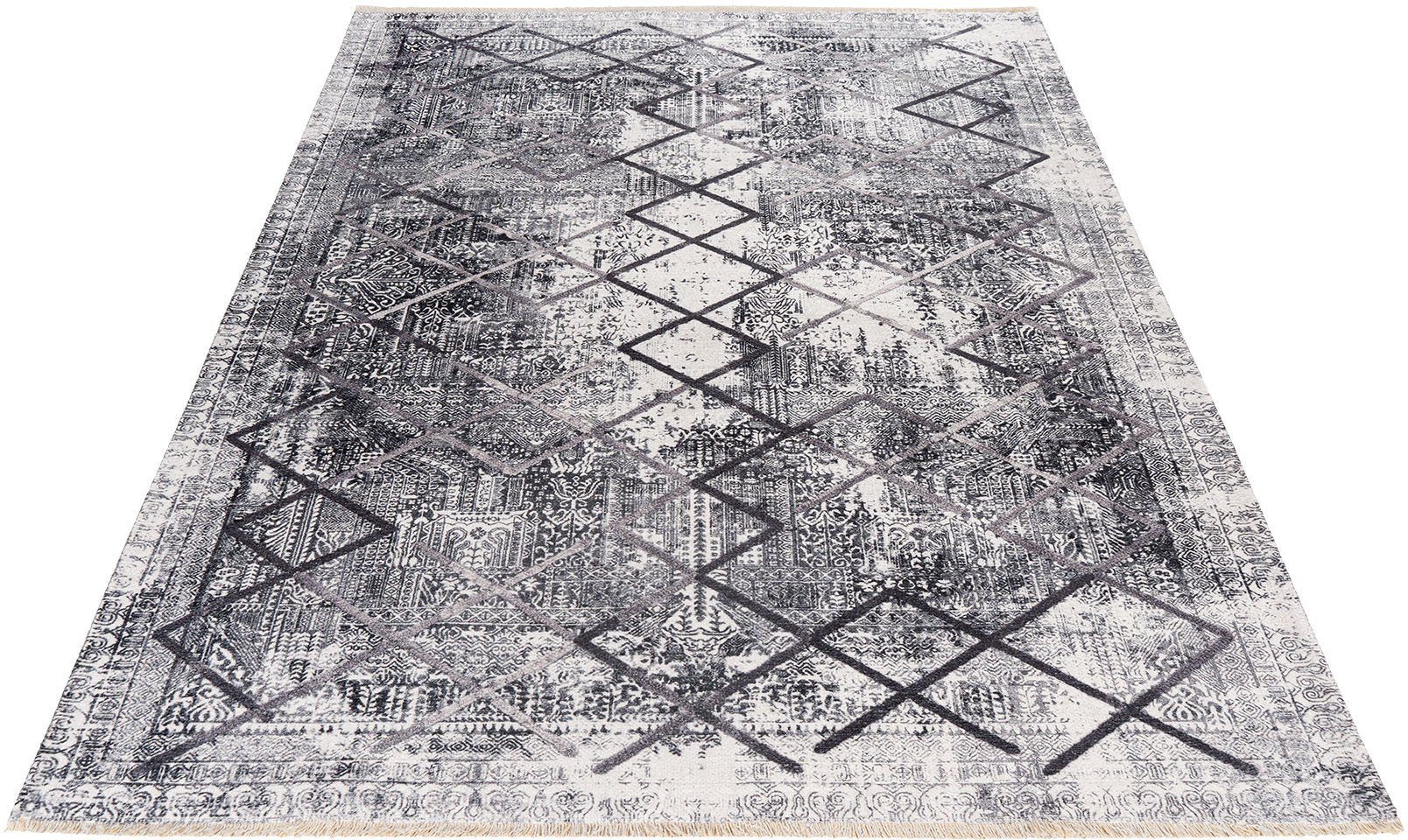 Obsession Teppich My Valencia 633, rechteckig, Höhe: 6 mm, recycelte Materialien, modernes Karo Design, mit Fransen, waschbar