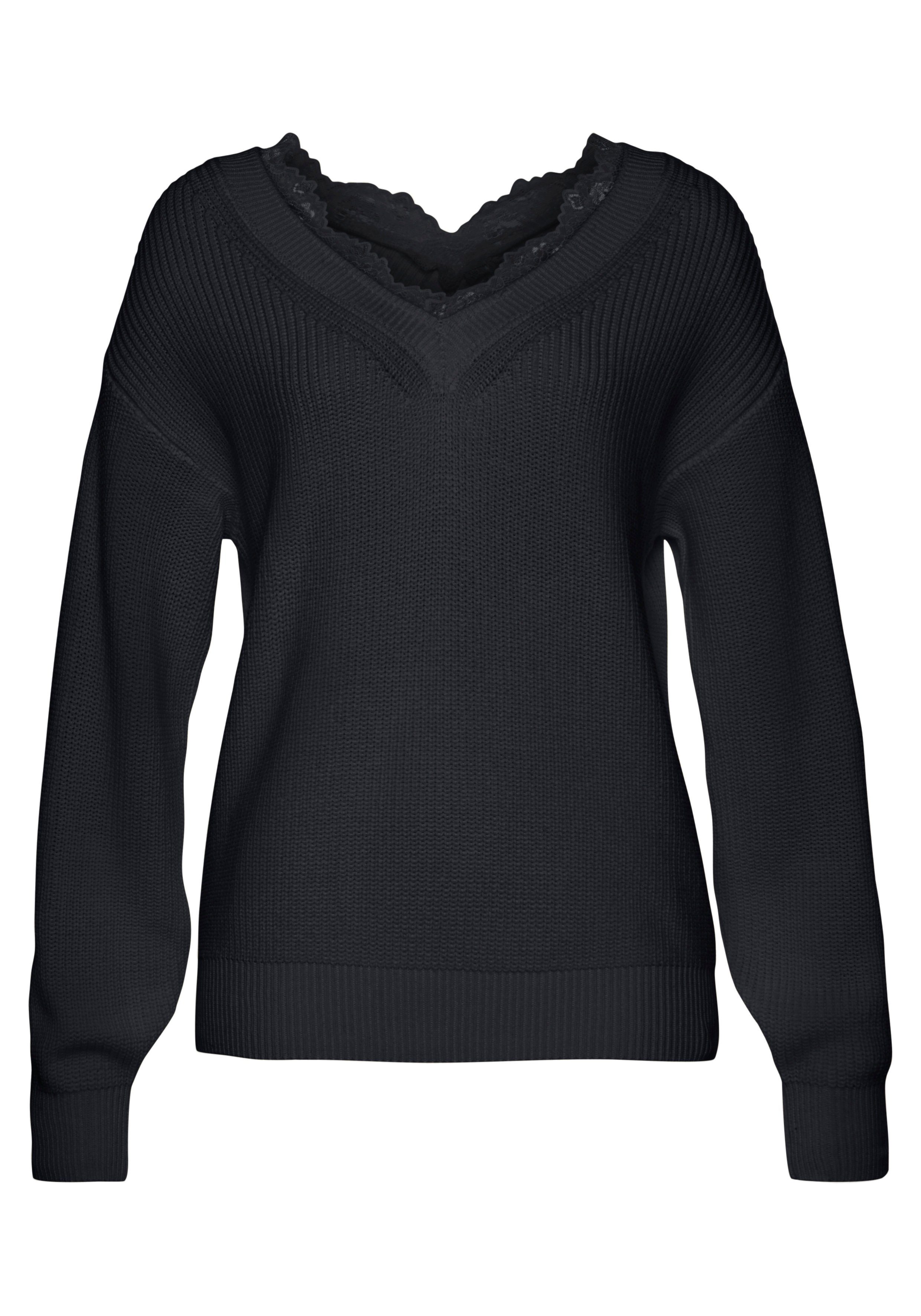 V-Ausschnitt, Spitzenbesatz, Damenpullover, schwarz mit elegant LASCANA Strickpullover