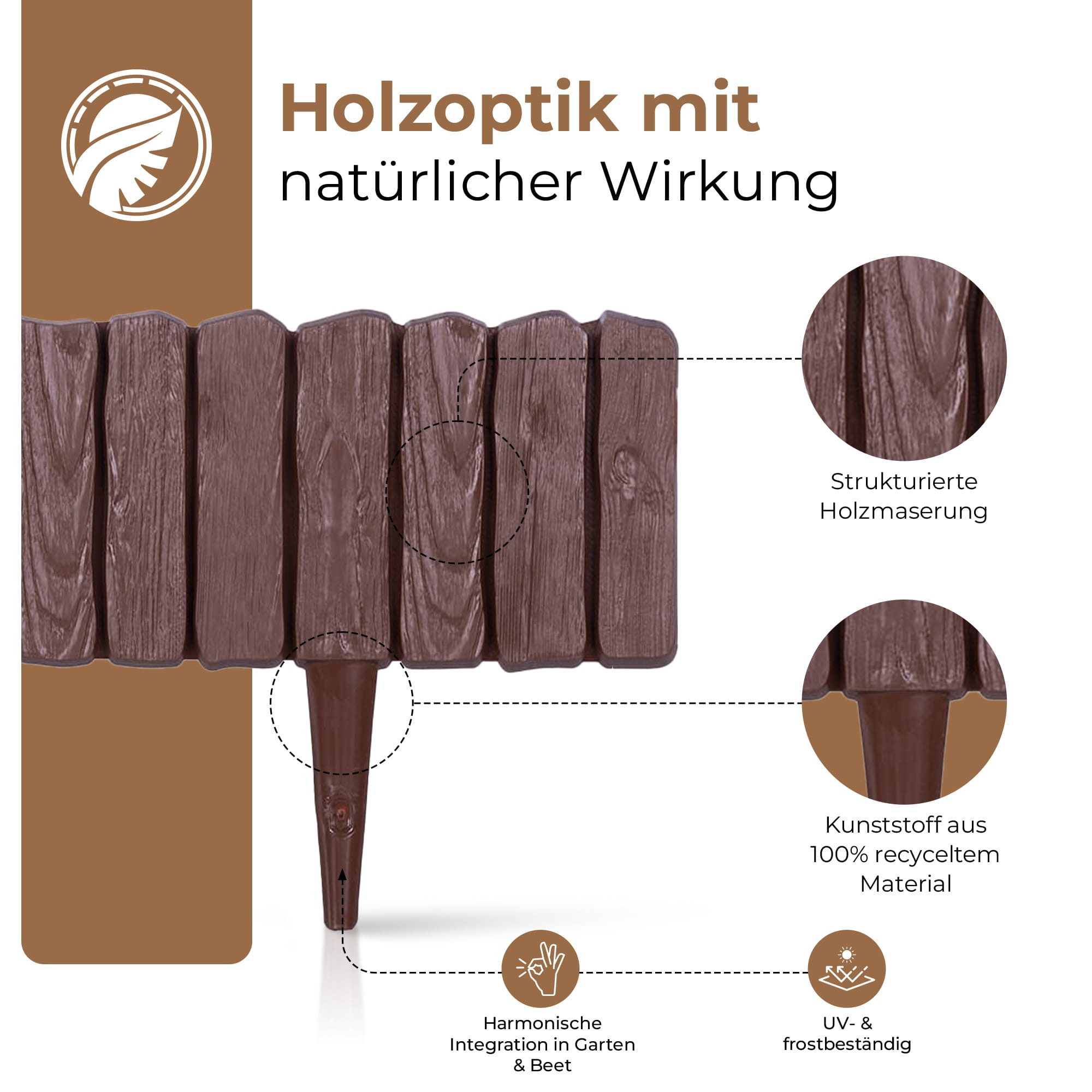 BooGardi Beetumrandung Rasenkante Kunststoff · Holzoptik · Beetbegrenzung in 4 Farben, LxH: 286x12,5 cm, 5 Stück (2,86 m) Beeteinfassung · flexible Mähkante · B – Bild 5 von 5