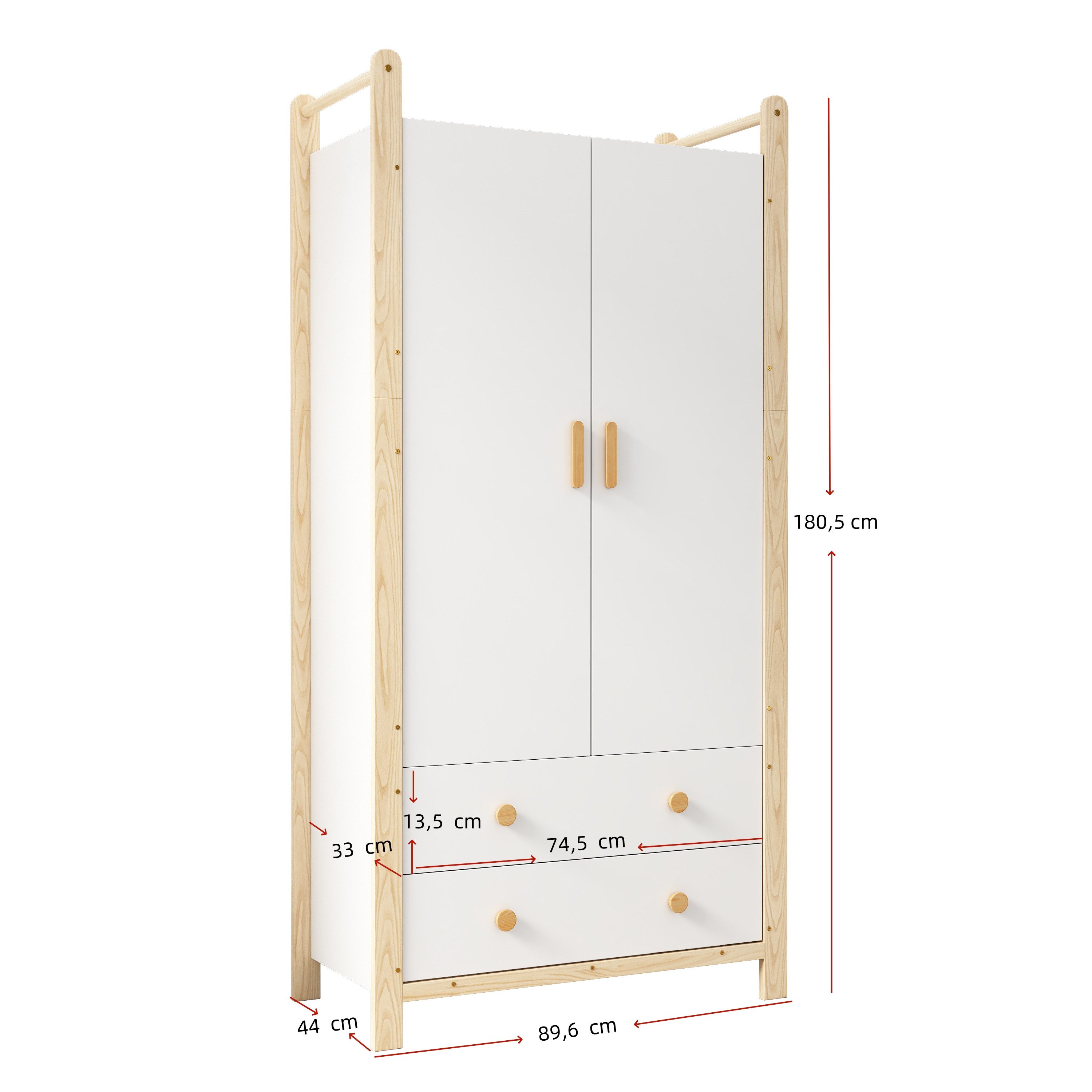 Ulife Kleiderschrank 90×45×180 cm, 2-türiger, mit Kleiderstange, 2 Schubladen (2-St) Flurgarderobe geeignet, aus Spanplatte, weißer Körper + Kieferrahmen – Bild 2 von 5