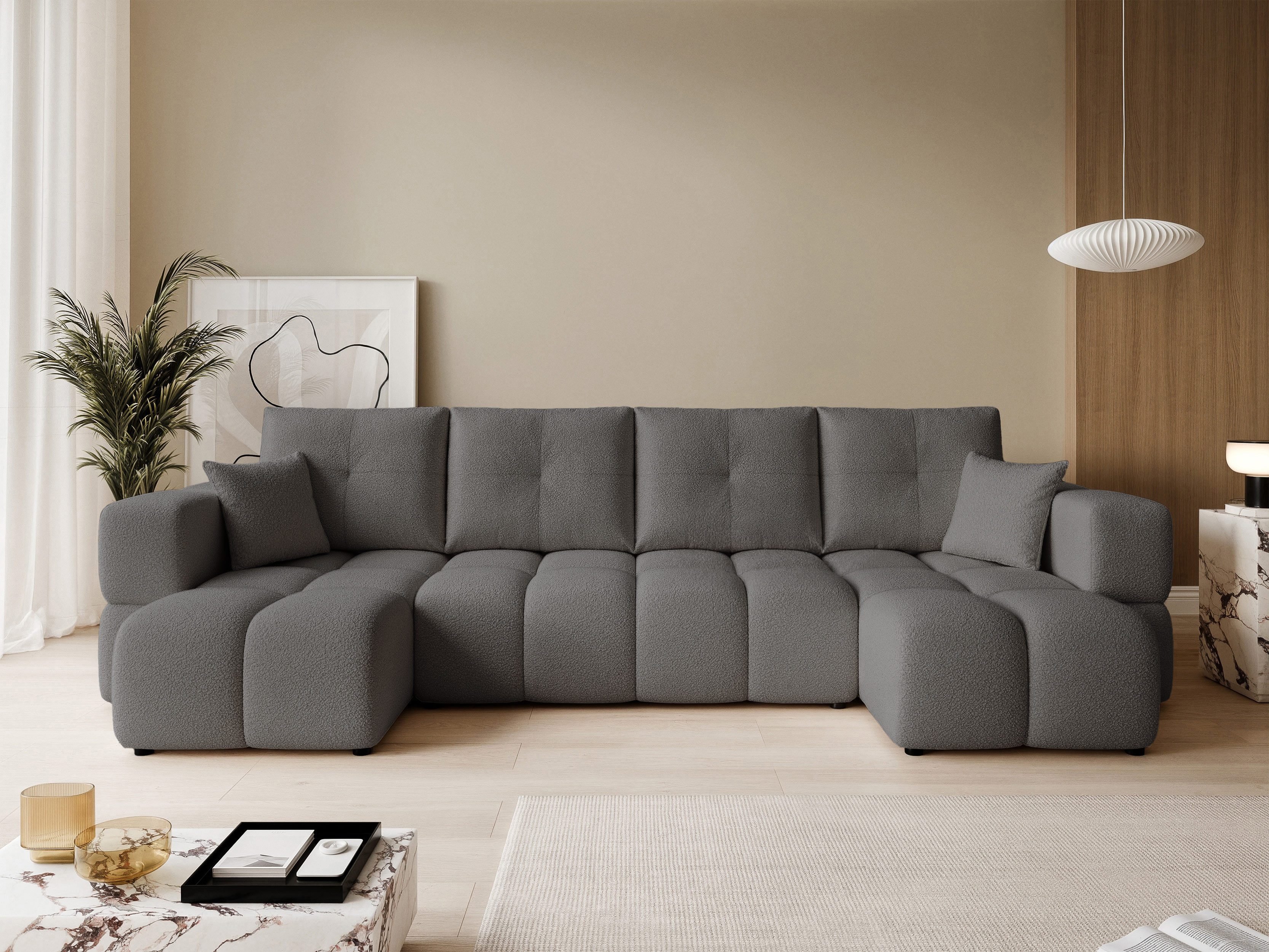 yourhouse24 Wohnlandschaft BUENO U im Glamour-Stil – Trend-Bouclé, Schlaffunktion & Bettkasten, mit Schlaffunktion und Bettkasten, Seite universal
