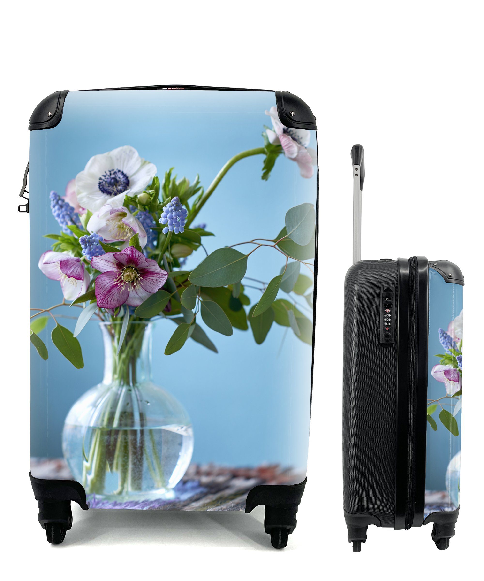 MuchoWow Handgepäckkoffer Blumen - Blumenstrauß - Vase, 4 Rollen, Reisetasche mit rollen, Handgepäck für Ferien, Trolley, Reisekoffer