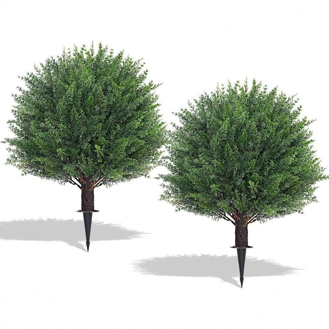 Kunstbaum 2 Stück Kunstpflanze, Künstliche Pflanzen, Kugelbäume mit Erdspieß, BlingBin, Höhe 60 cm, UV-beständige Kunststräucher für Garten, Veranda, Zimmer, Vorgarten