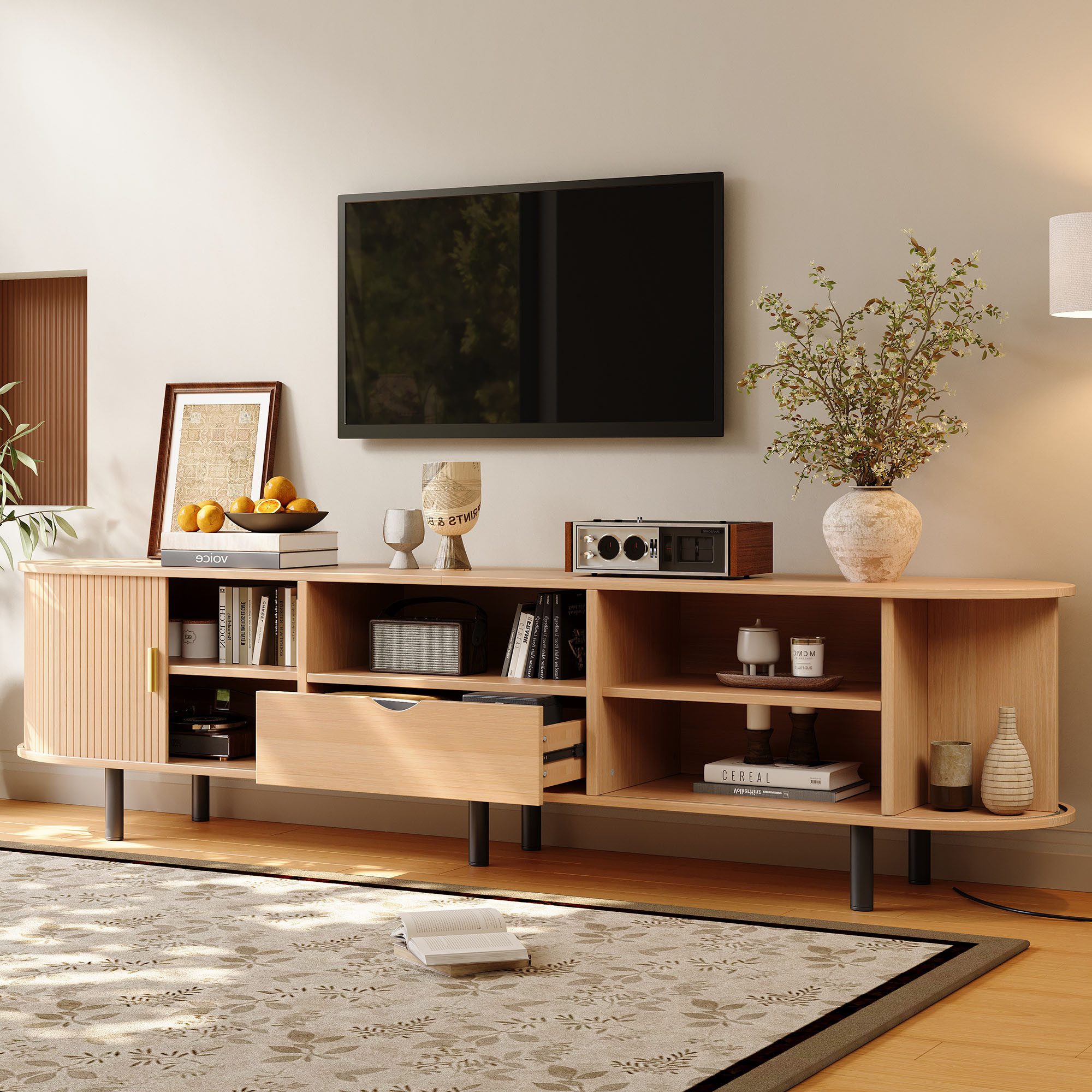 Merax Lowboard in Holzoptik, Fernsehtisch 175×40×55cm (1 St), TV-Schrank mit Rollo-Tür, Schublade & offenen Fächern