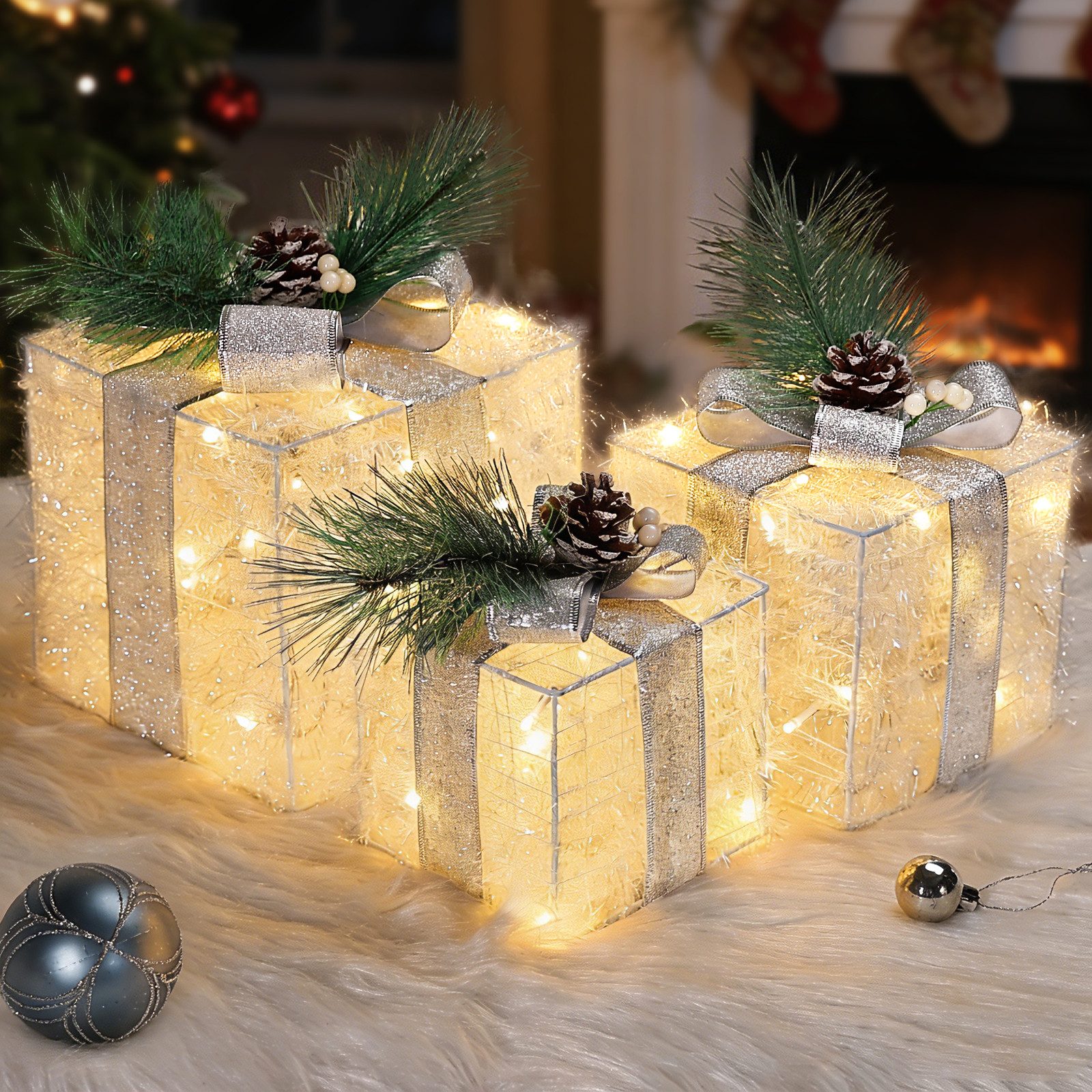 Quntis Weihnachtsfigur Geschenkbox Weihnachten 3er Set, Weihnachtsdeko mit LED & Timer (Set, 1 St., 4tlg), Weihnachtsbeleuchtung Geschenkboxen für Baum Fenster Innen