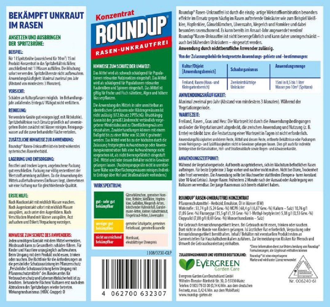 ROUNDUP Unkrautbekämpfungsmittel Roundup Rasen Unkrautfrei Konzentrat 100 ml