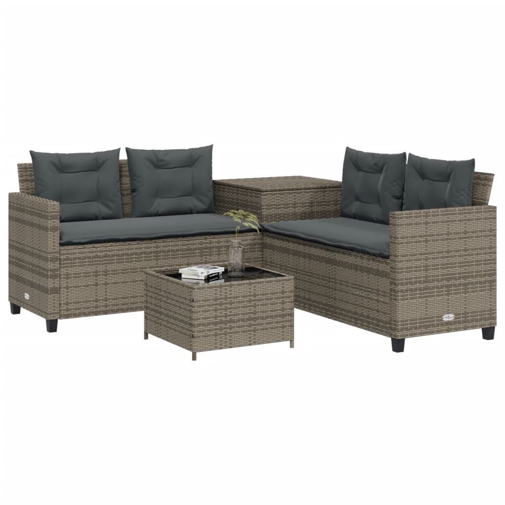 vidaXL Gartenlounge-Set Gartensofa in L-Form mit Tisch und Kissen Grau Poly Rattan, (1-tlg)