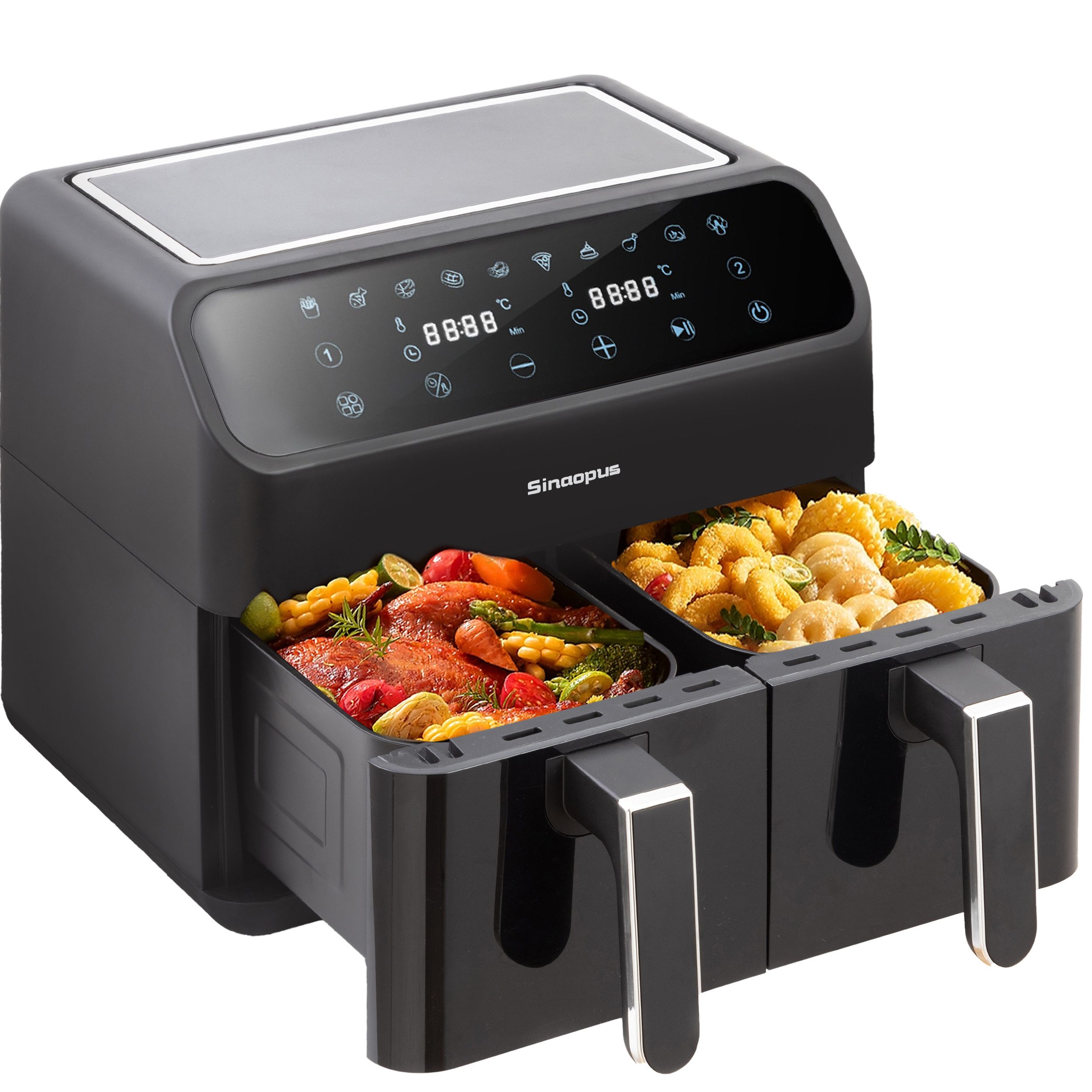 Leawin Heißluftfritteuse Heissluftfritteuse 10 Liter Dual Zonen, Doppel Kammer, Dual Basket, 2000 W, Luftfritteuse XXL mit Touchscreen, 10-in-1 Fritteuse für Familien