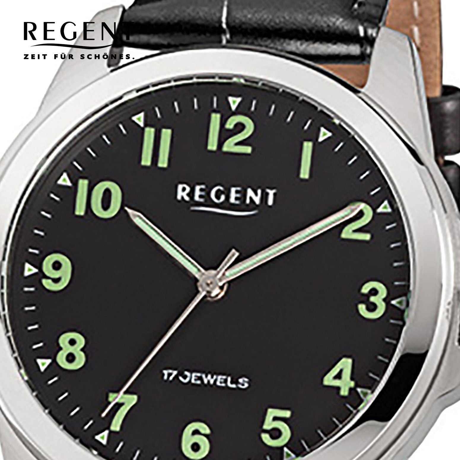 Regent Mechanische Uhr Regent Herren-Armbanduhr schwarz Analog, (Analoguhr), Herren Armbanduhr rund, mittel (ca. 39mm), Lederarmband