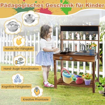 COSTWAY Outdoor-Spielküche Holz, Kinderküche mit Tafel, für Kinder ab 3 Jahren