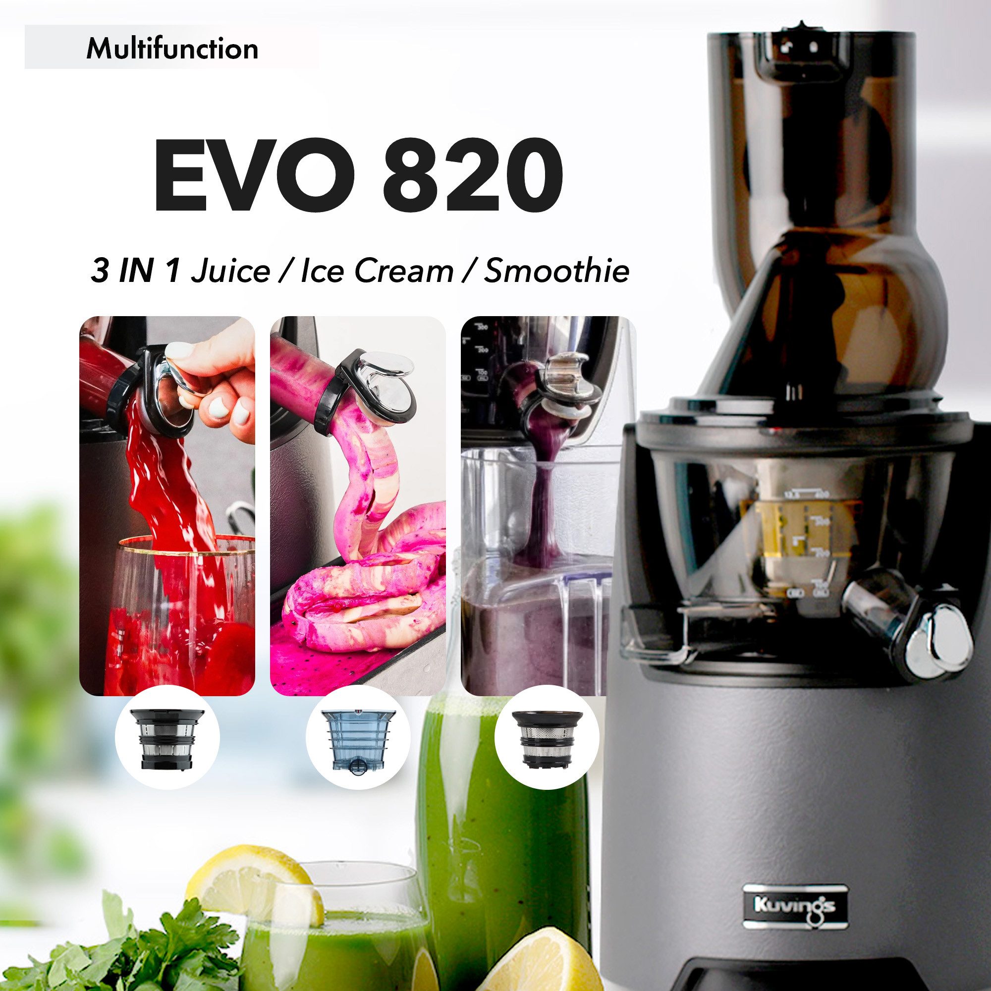 Kuvings Entsafter Whole Slow Juicer EVO820 Signature (NS-1256CEC), 240,00 W, 3-in-1 Mastizierender Kaltpress-Entsafter mit Smoothie-, Sorbetfilter