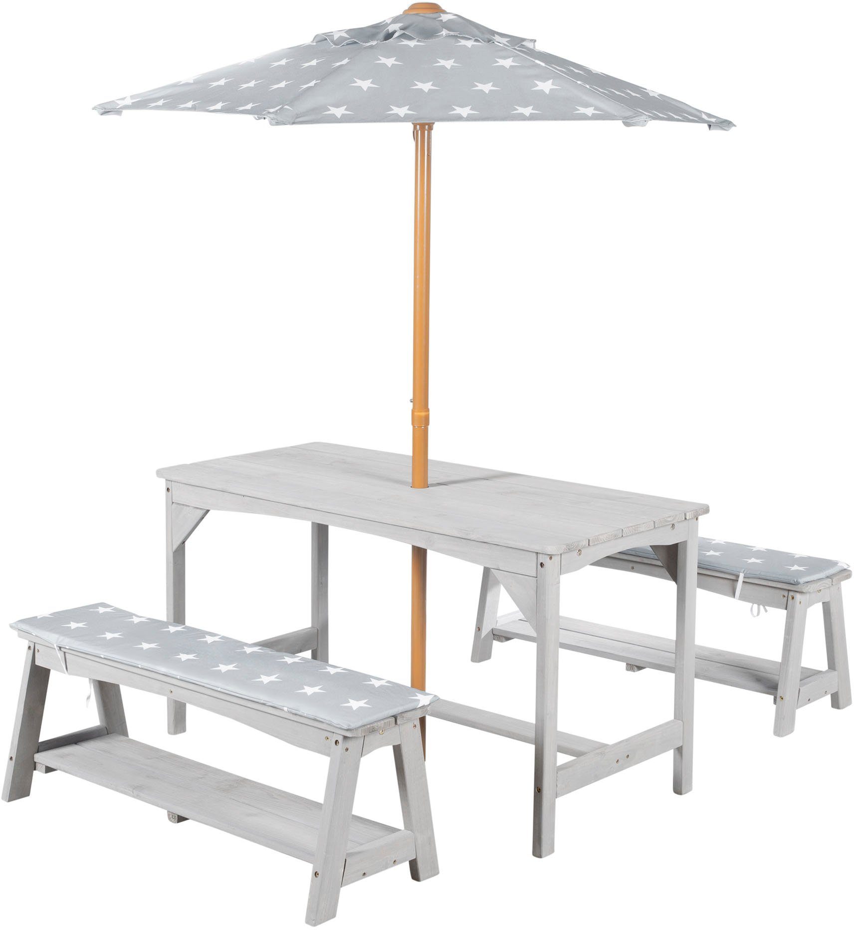 roba® Garten-Kindersitzgruppe Outdoor+, (Set, 3-tlg), Tisch und 2 Bänke mit Sitzauflage, Schirmset
