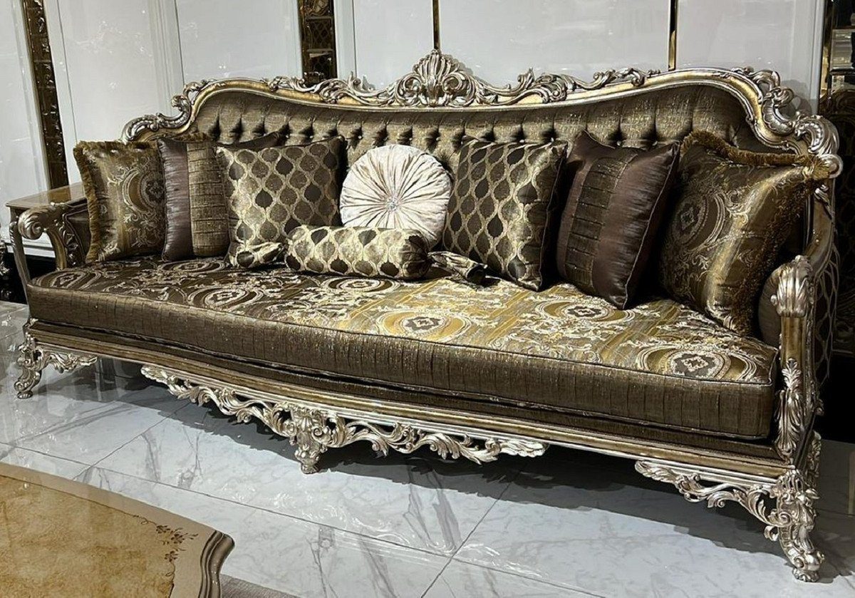 Casa Padrino Sofa Luxus Barock Sofa Gold / Silber - Prunkvolles Wohnzimmer Sofa mit dekorativen Kissen - Barock Wohnzimmer Möbel - Edel & Prunkvoll