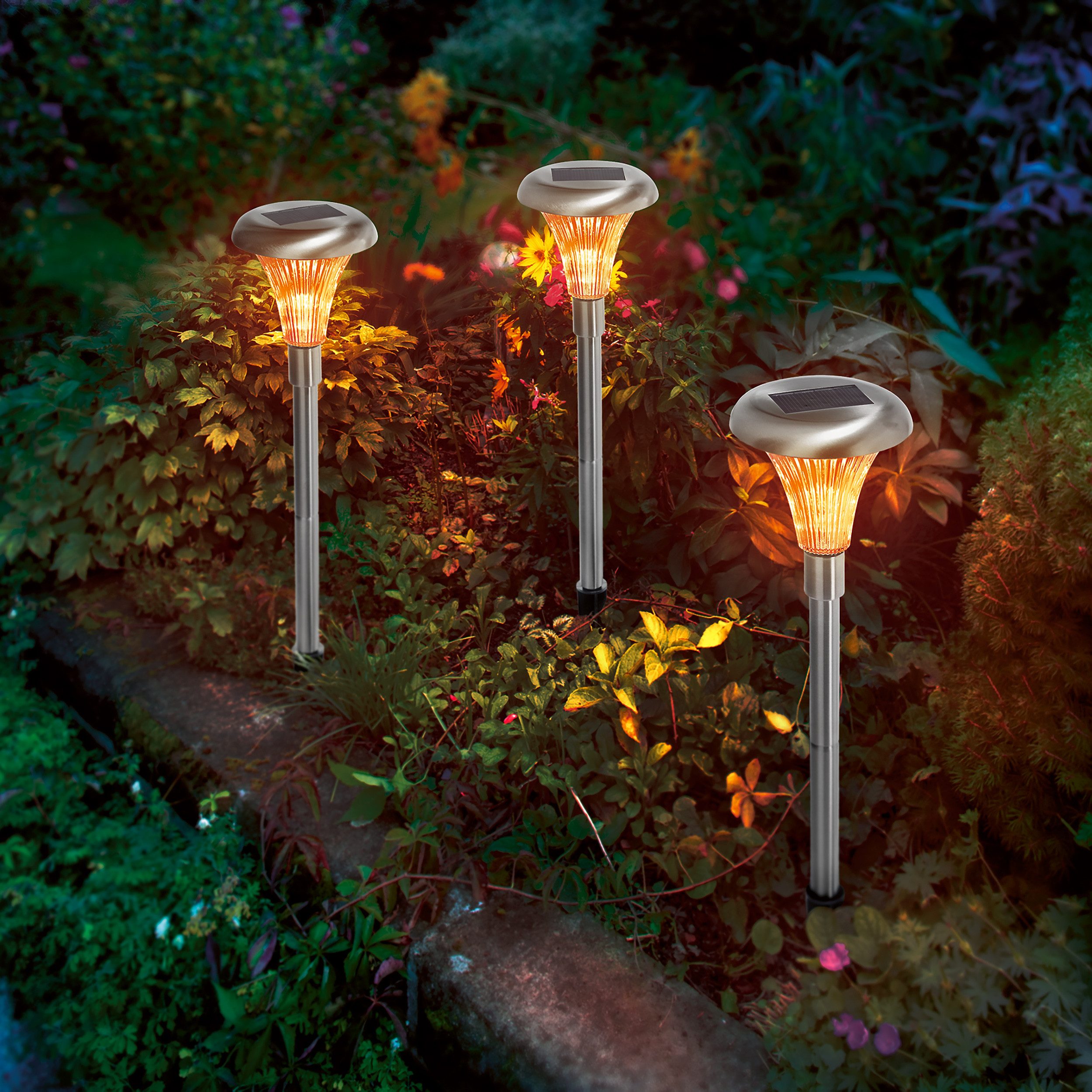 esotec LED Gartenleuchte esotec Edelstahl Stableuchten Capri 3er Set H34cm bernstein LED 103301, SMART-LIGHTING-Funktion, automatisches Einschalten bei Dämmerung, LED fest integriert