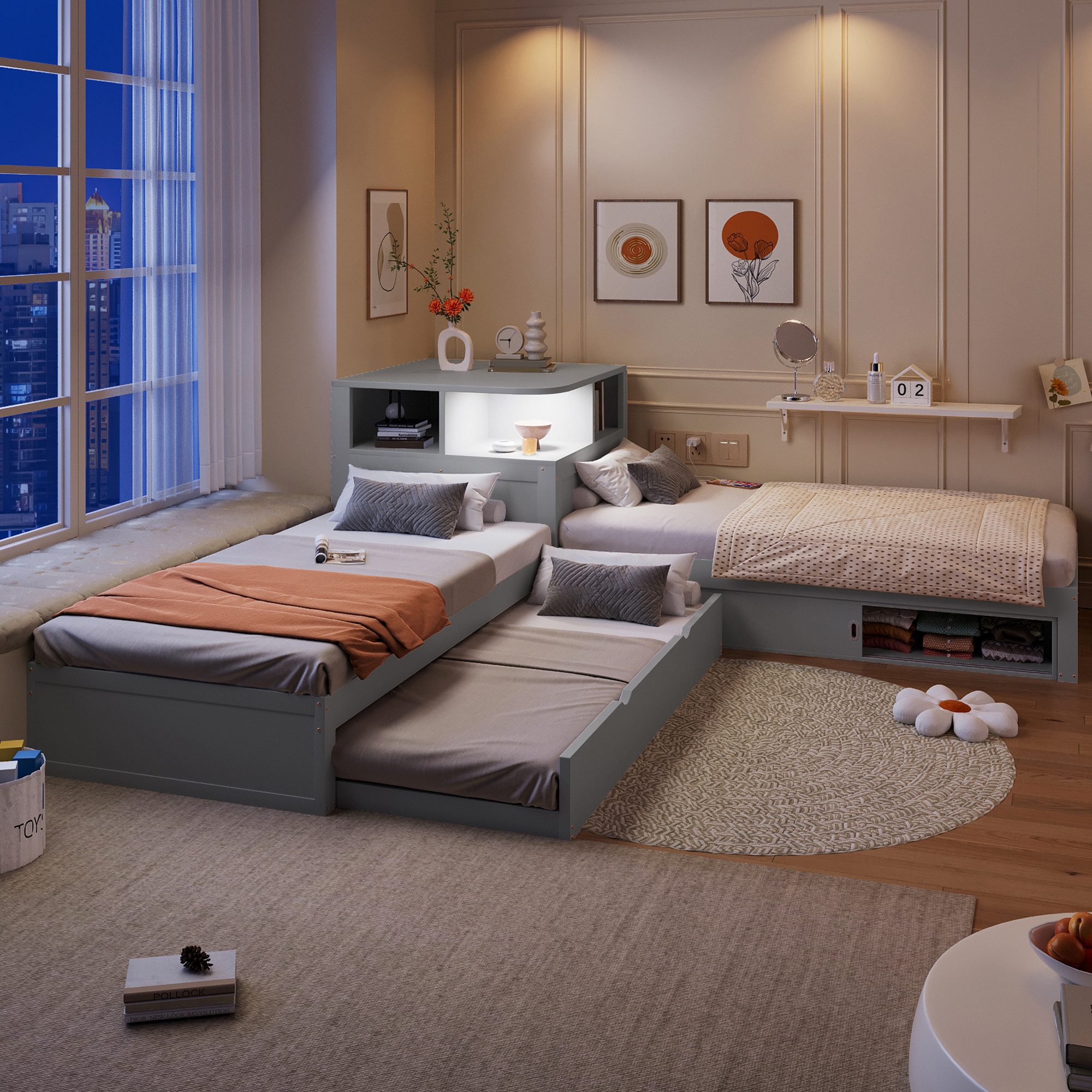 Merax Kinderbett 90x200cm mit Ausziehbett, L-förmiges Plattformbett (1-tlg., Jugendbett Dreibettbett Gästebett), Kiefernholz Jugendbett mit Schiebetür-Stauraum & LED-Nachtlicht