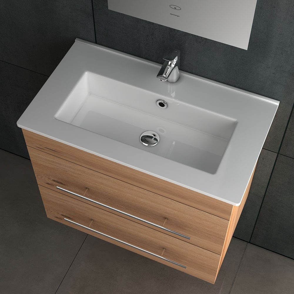 Alpenberger bathroom set washbasin with vanity unit - vanity unit 60 cm wide, (Complete set pre-assembled 60 cm wide, 2-piece, hand basin with bathroom cabinet), hygienic nano-coating, soft-close drawers
