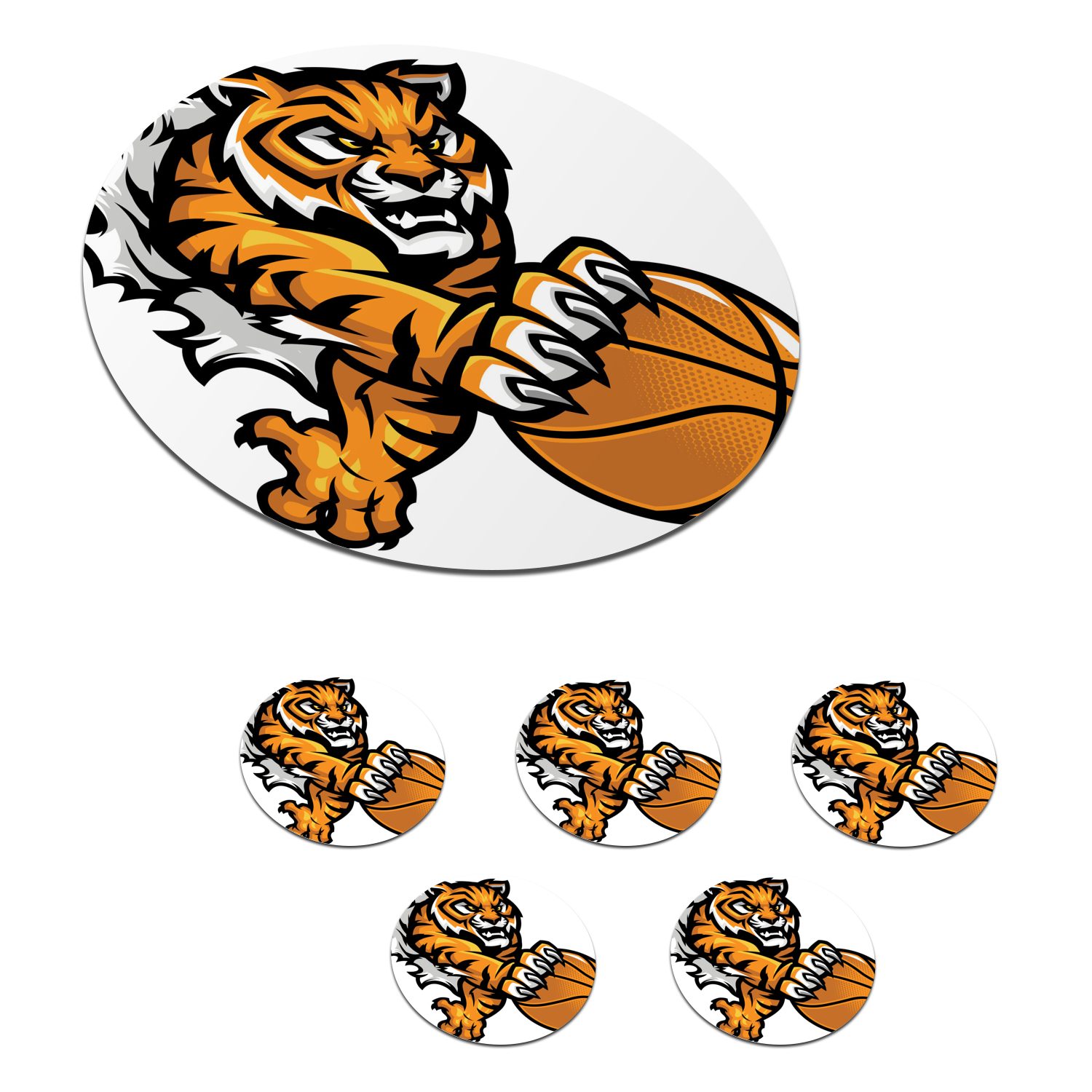 MuchoWow Glasuntersetzer Ein Tiger packt den Basketball mit seinen Krallen in einer, Zubehör für Gläser, 6-tlg., Getränkeuntersetzer, Tassenuntersetzer, Korkuntersetzer, Tasse, Becher