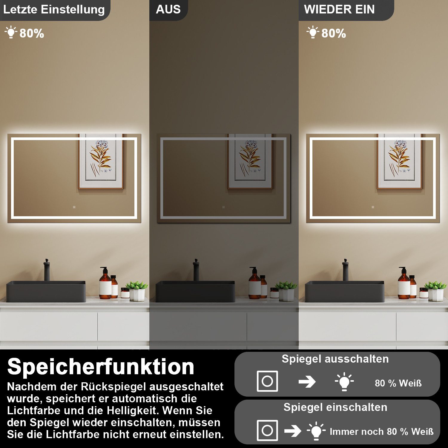 Duschparadies GmbH Badspiegel mit Beleuchtung Anti‑Beschlag 3 Lichtfarben wählbar – Bild 4 von 5