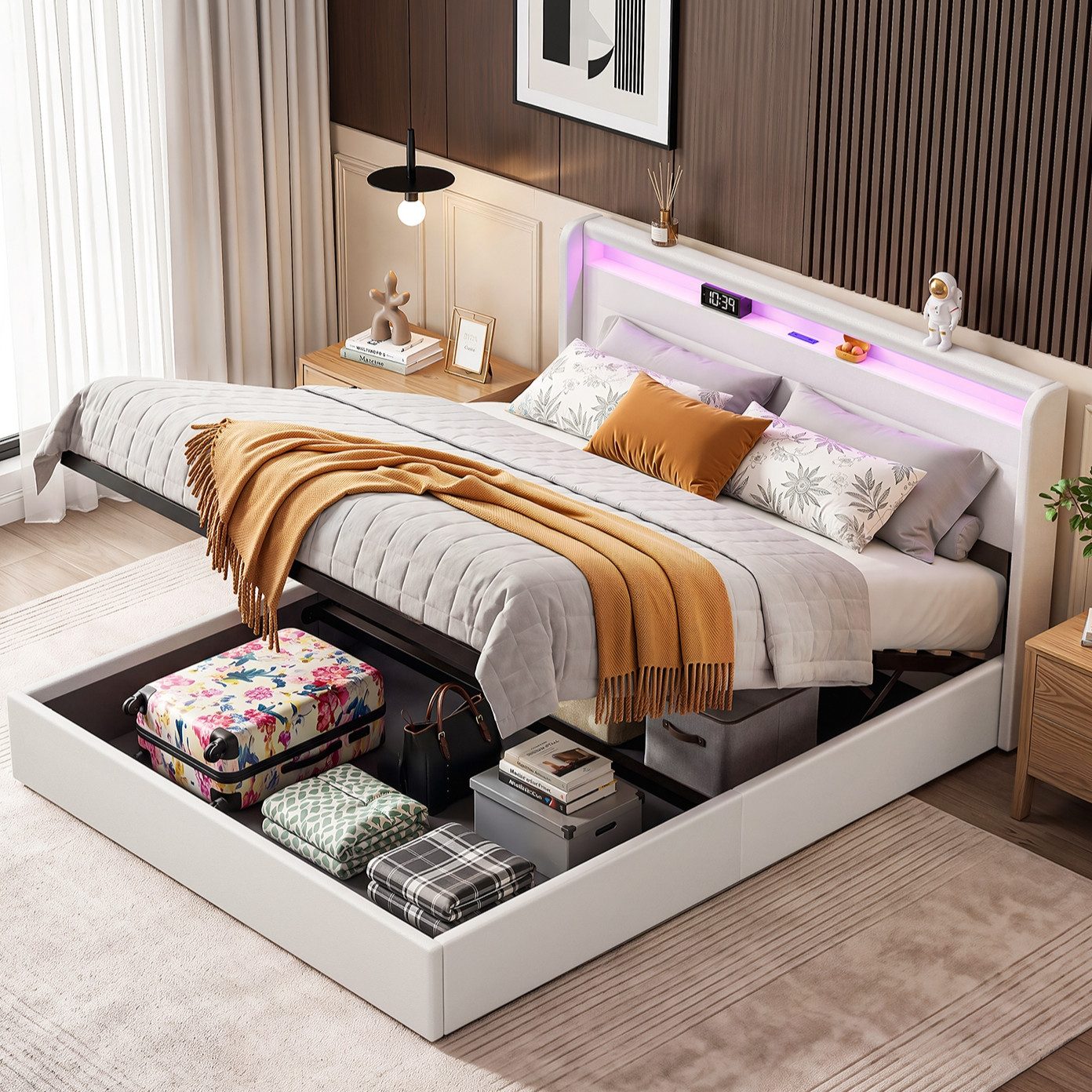 oyajia Polsterbett Stauraumbett Doppelbett LED, PU-Kunstleder (Type-C + USB, Hydraulisch hebbarer Stauraum), Modernes Jugendbett, Leises Design Bett, Max. Belastbarkeit 365 kg
