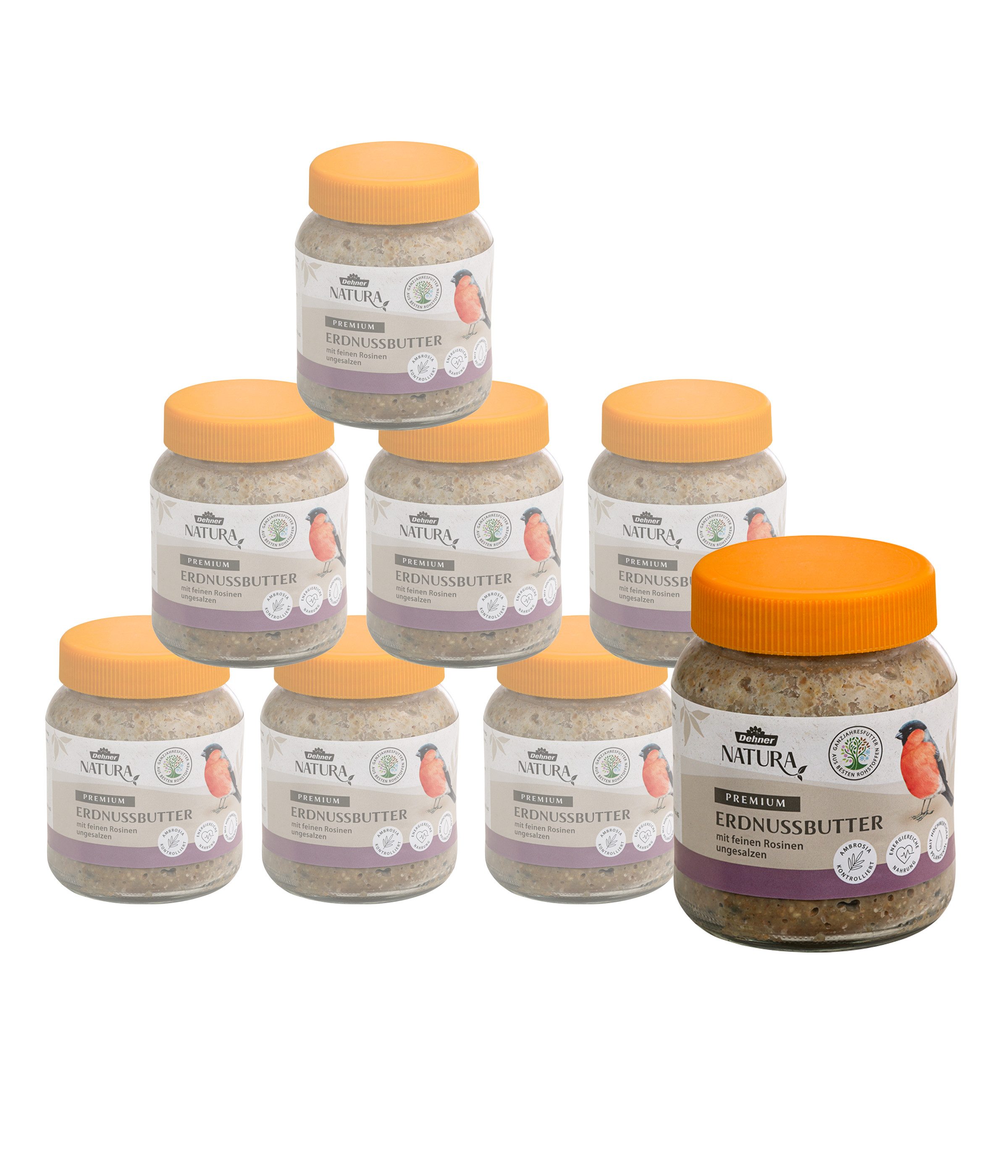 Dehner Natura Premium Erdnussbutter Rosinen im Glas, 8 x 340 g Erdnuss, Hauptfutter für: Wildvogel, Gartenvögel, Wildvogelfutter mit feinen Rosinen, ungesalzen