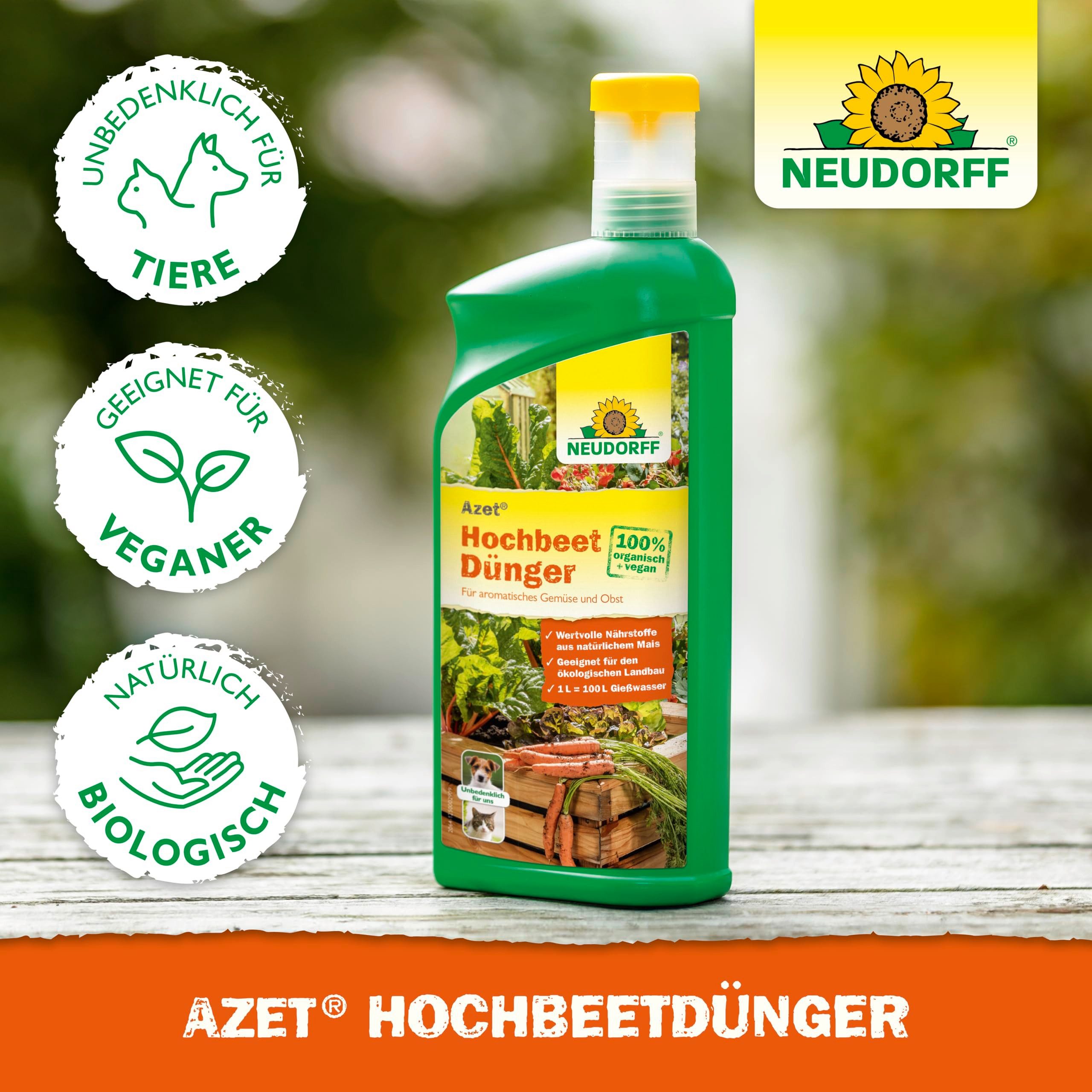 Neudorff Blumendünger Bio - Azet HochbeetDünger 1L für 200L Gießwasser, 100 % organisch und vegan - Bio Dünger für eine leckere und aromatische Ernte, von Obst, Gemüse und Kräutern im Hochbeet, mit praktischem Dosierbecher