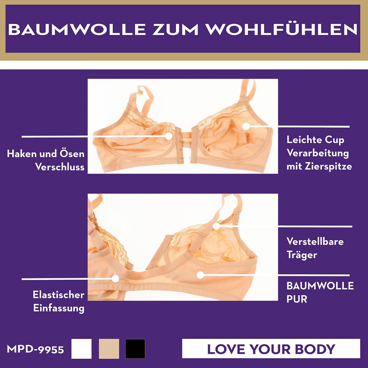 aus und 9955 ohne Perfect Bügel Vorderverschluss BH Weiß mit Bügelloser Miss Spitze Baumwolle BH