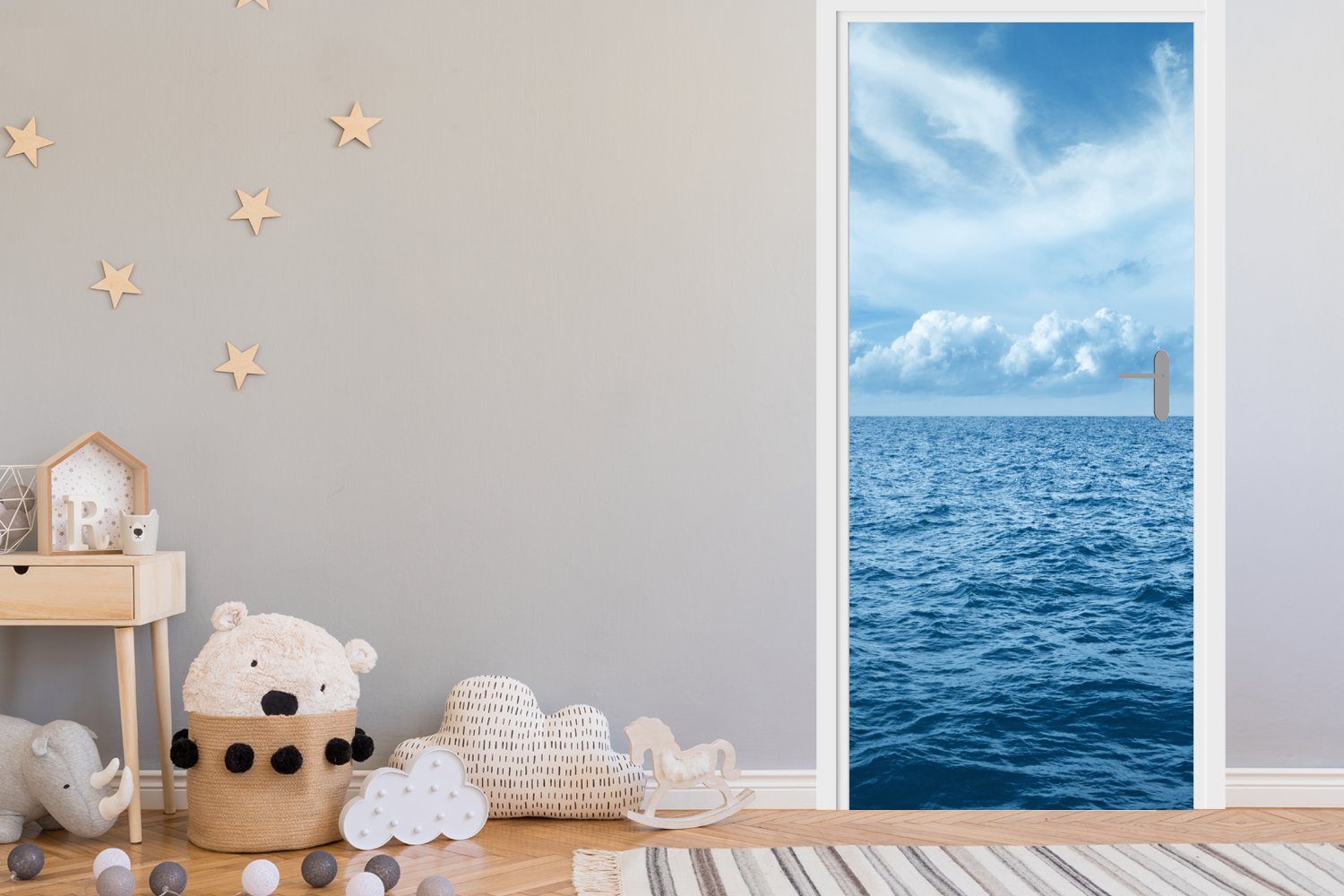 über Meer, Türtapete Tür, St), die blauen bedruckt, Wellen MuchoWow Matt, 75x205 Türaufkleber, für Blick dem Fototapete auf (1 cm
