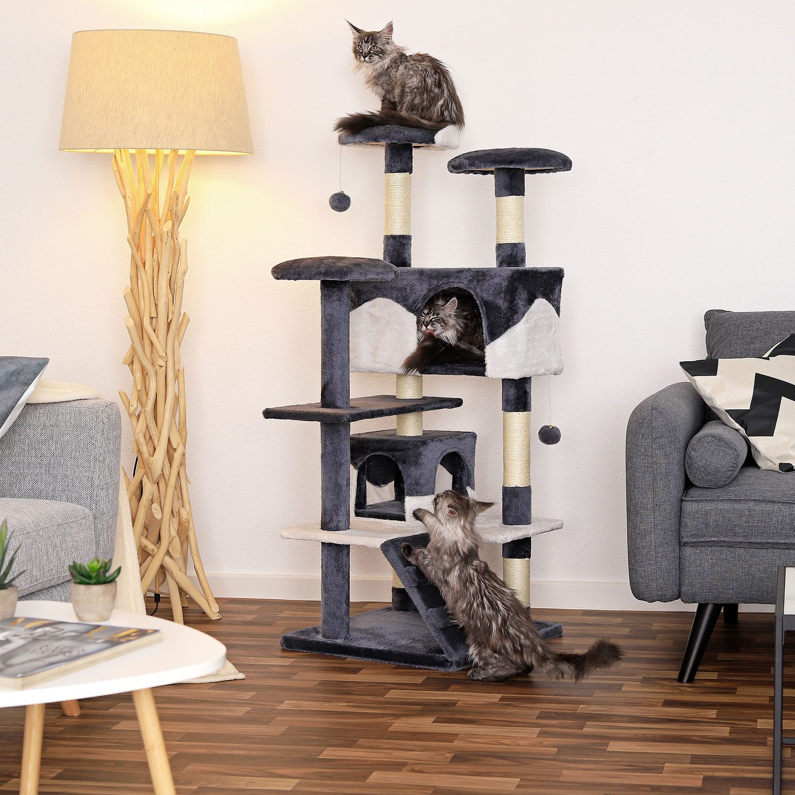 lionto Kratzbaum mit 2 Höhlen, Treppe, 3 Liegeflächen & Sisalstämmen, grau/weiß, 130 cm großer Kratz- & Spielbaum für Entdecker